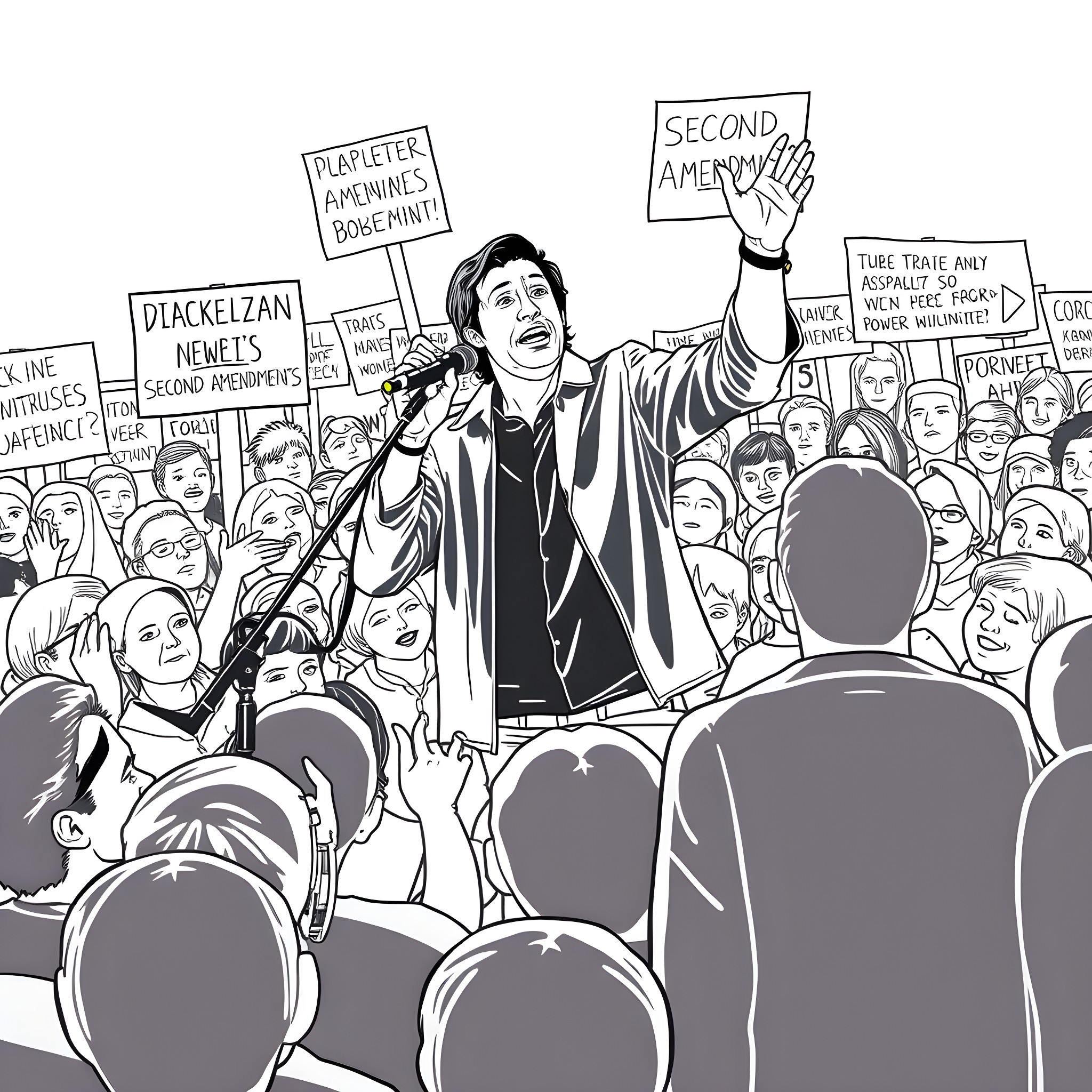 Trent Reznor leading a protest march with demonstrators Coloring Page (free black-and-white line drawing printable PDF for all, from beginners to advanced learners, including children, teens, adults, and seniors)