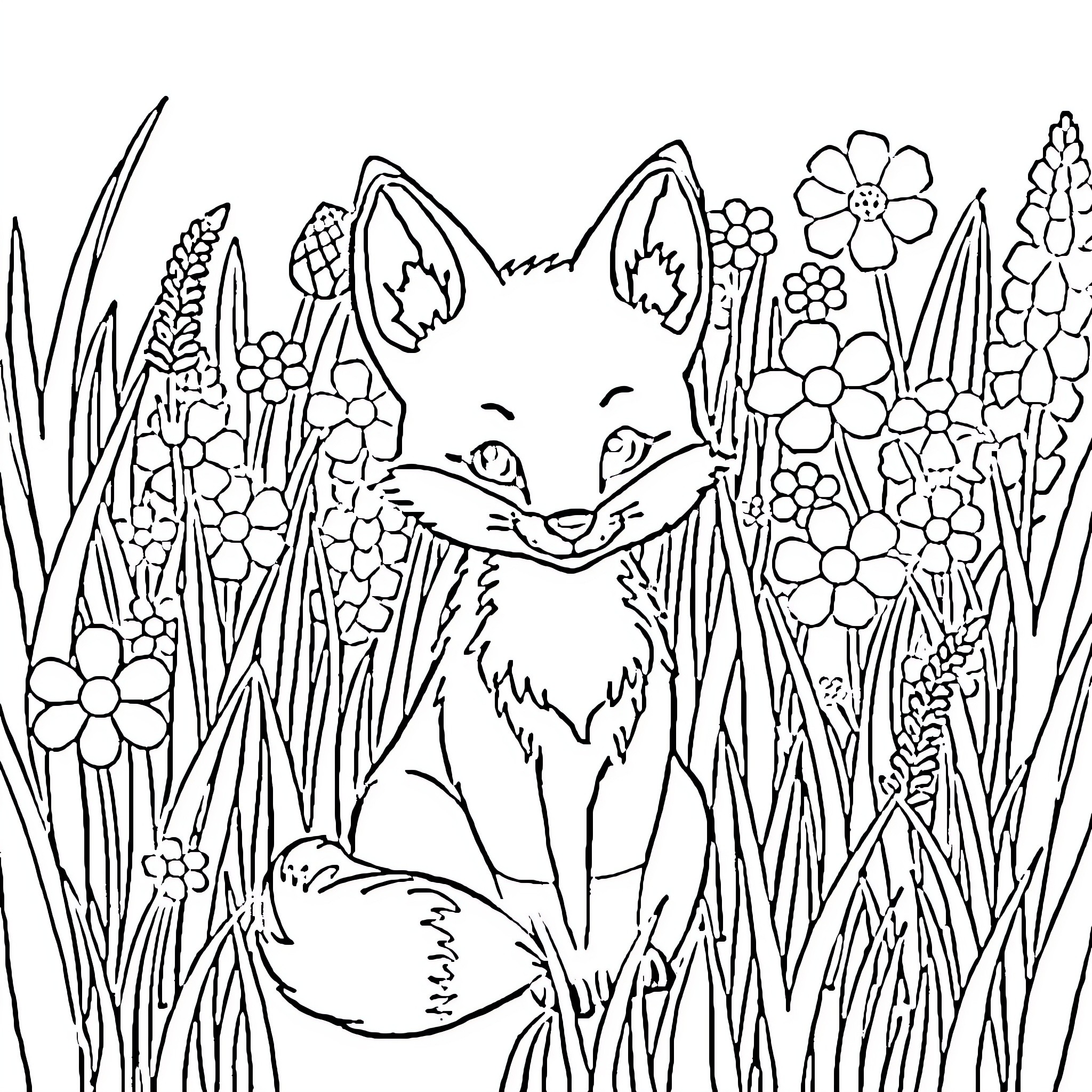 Fox in a Flowery Field Coloring Page (free black-and-white line drawing printable PDF for all, from beginners to advanced learners, including children, teens, adults, and seniors)