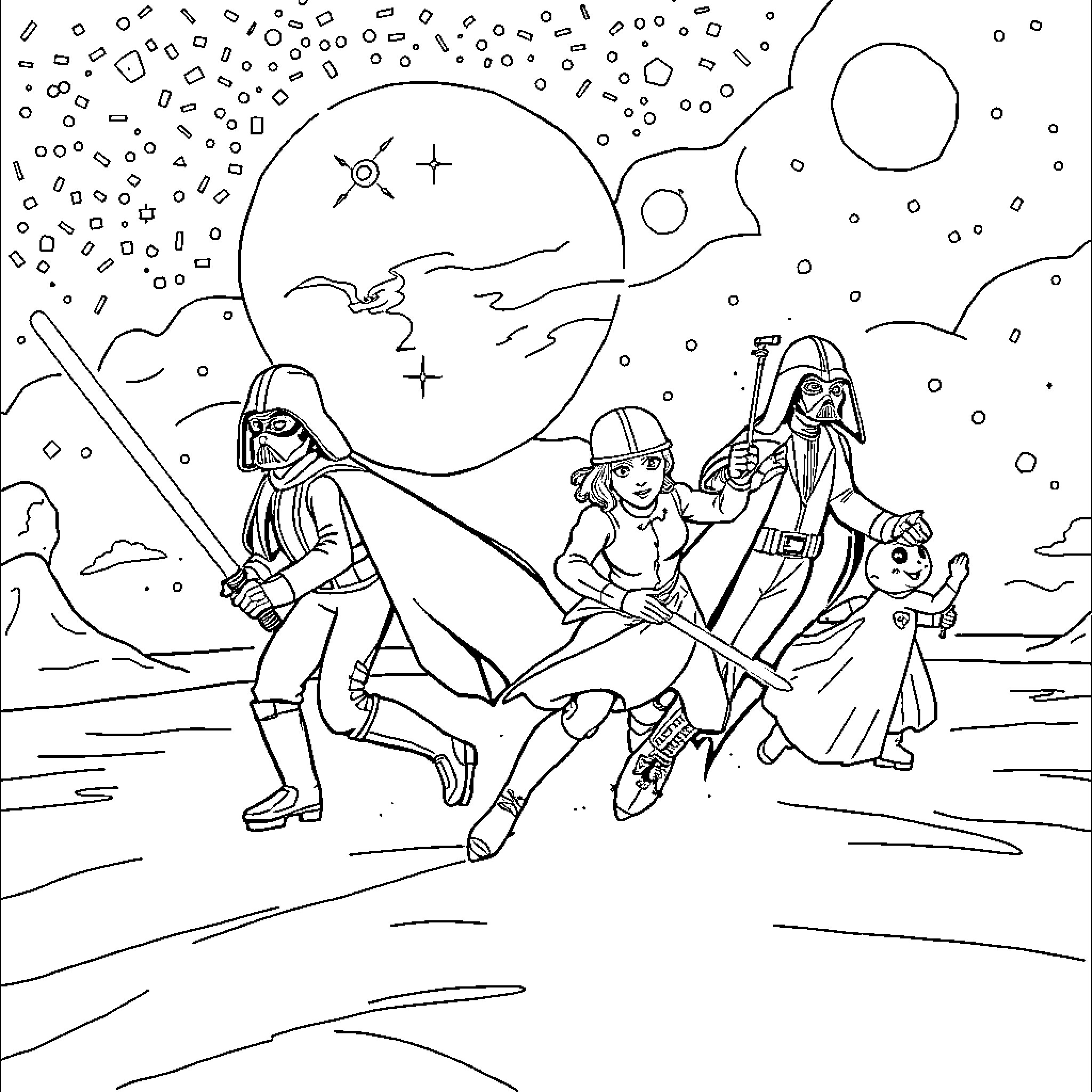 Star Wars Characters in a Galactic Adventure Coloring Page (free black-and-white line drawing printable PDF for all, from beginners to advanced learners, including children, teens, adults, and seniors)