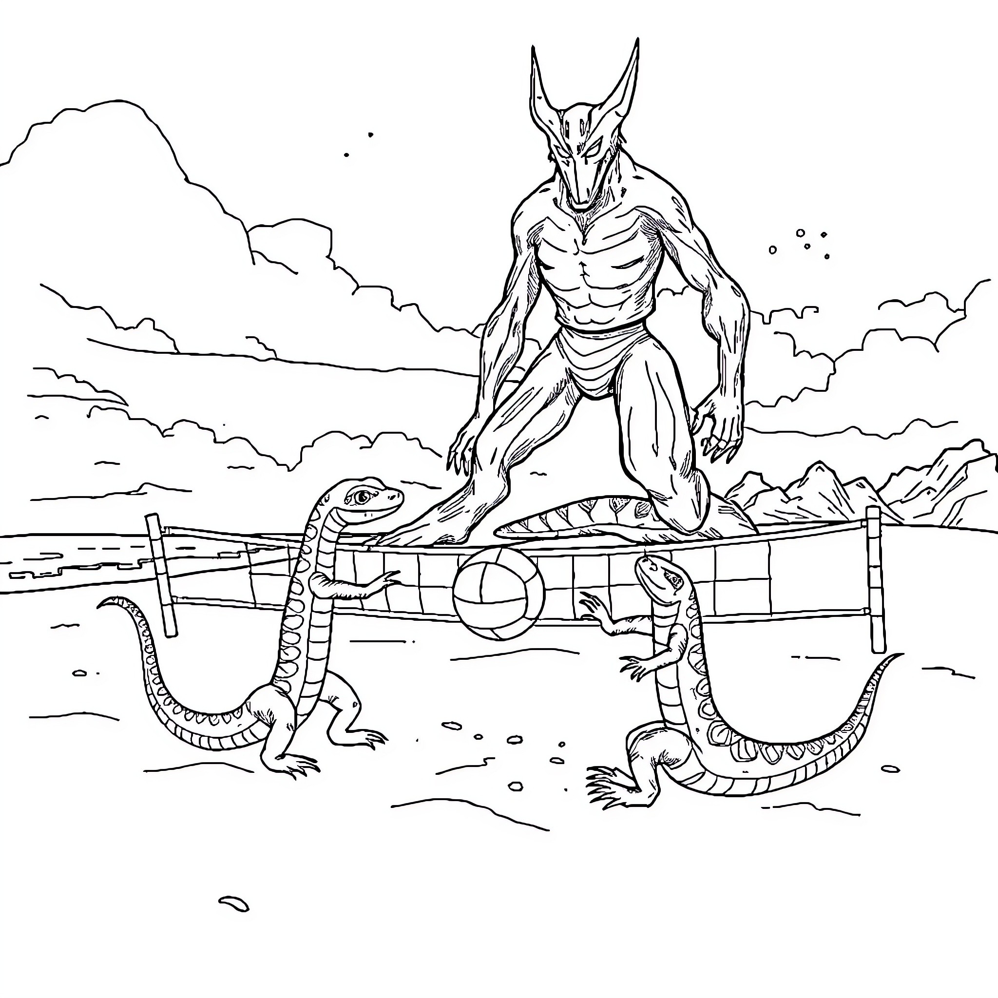 Snake-like creature guarding dangerous serpents Coloring Page (free black-and-white line drawing printable PDF for all, from beginners to advanced learners, including children, teens, adults, and seniors)