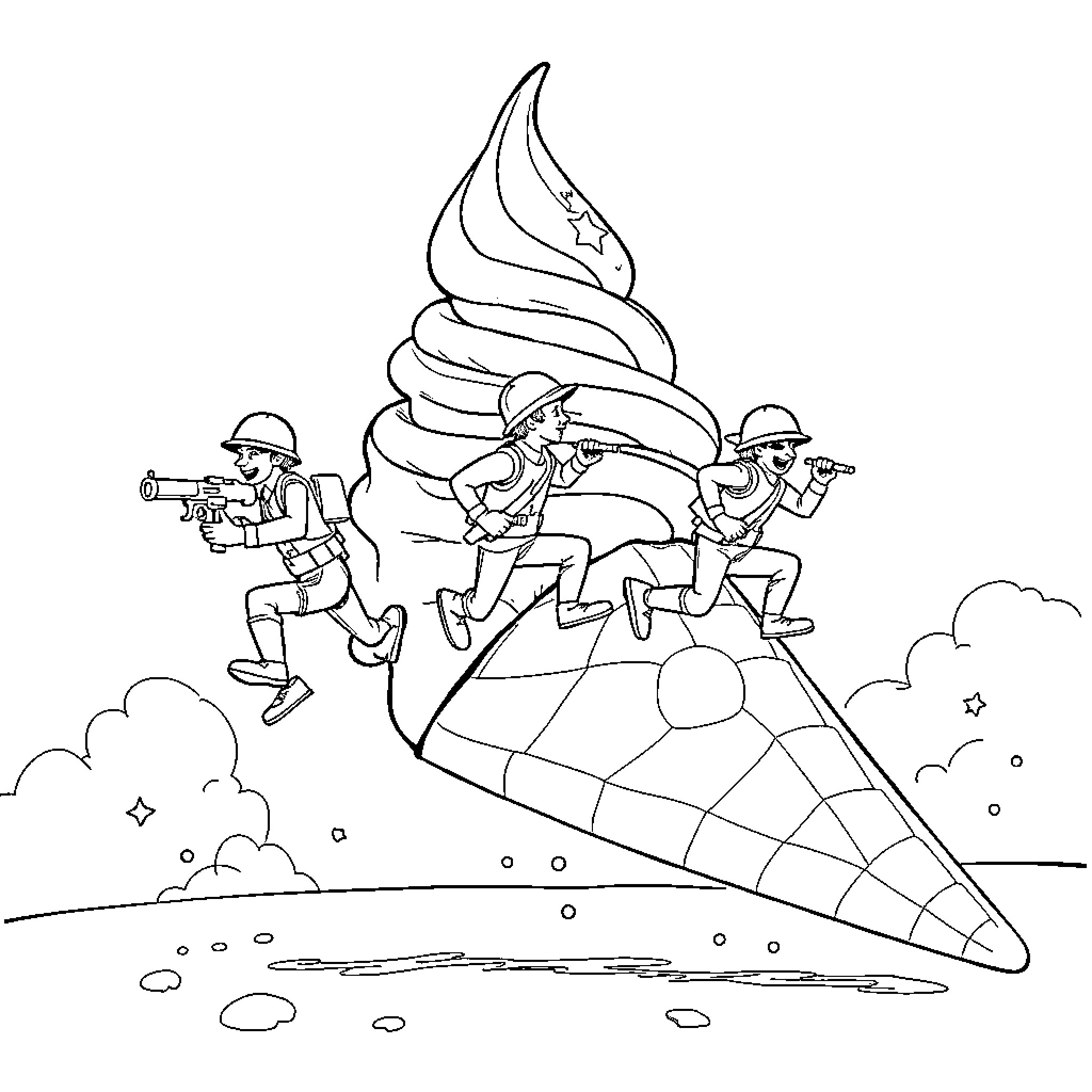 Toy Soldiers Attacking Larger-Than-Life Ice Cream Cone Coloring Page (free black-and-white line drawing printable PDF for all, from beginners to advanced learners, including children, teens, adults, and seniors)