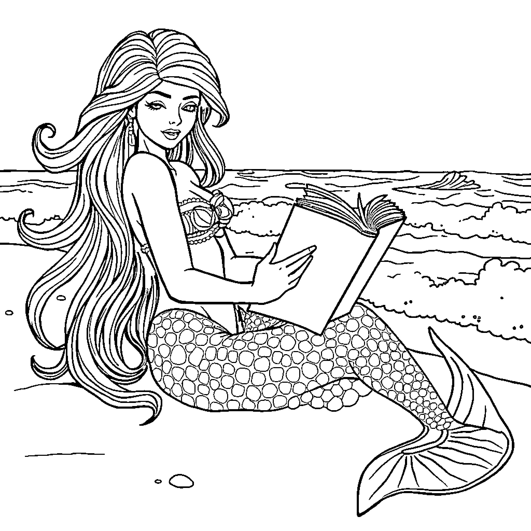Siren reading a book in the ocean Coloring Page (free black-and-white line drawing printable PDF for all, from beginners to advanced learners, including children, teens, adults, and seniors)