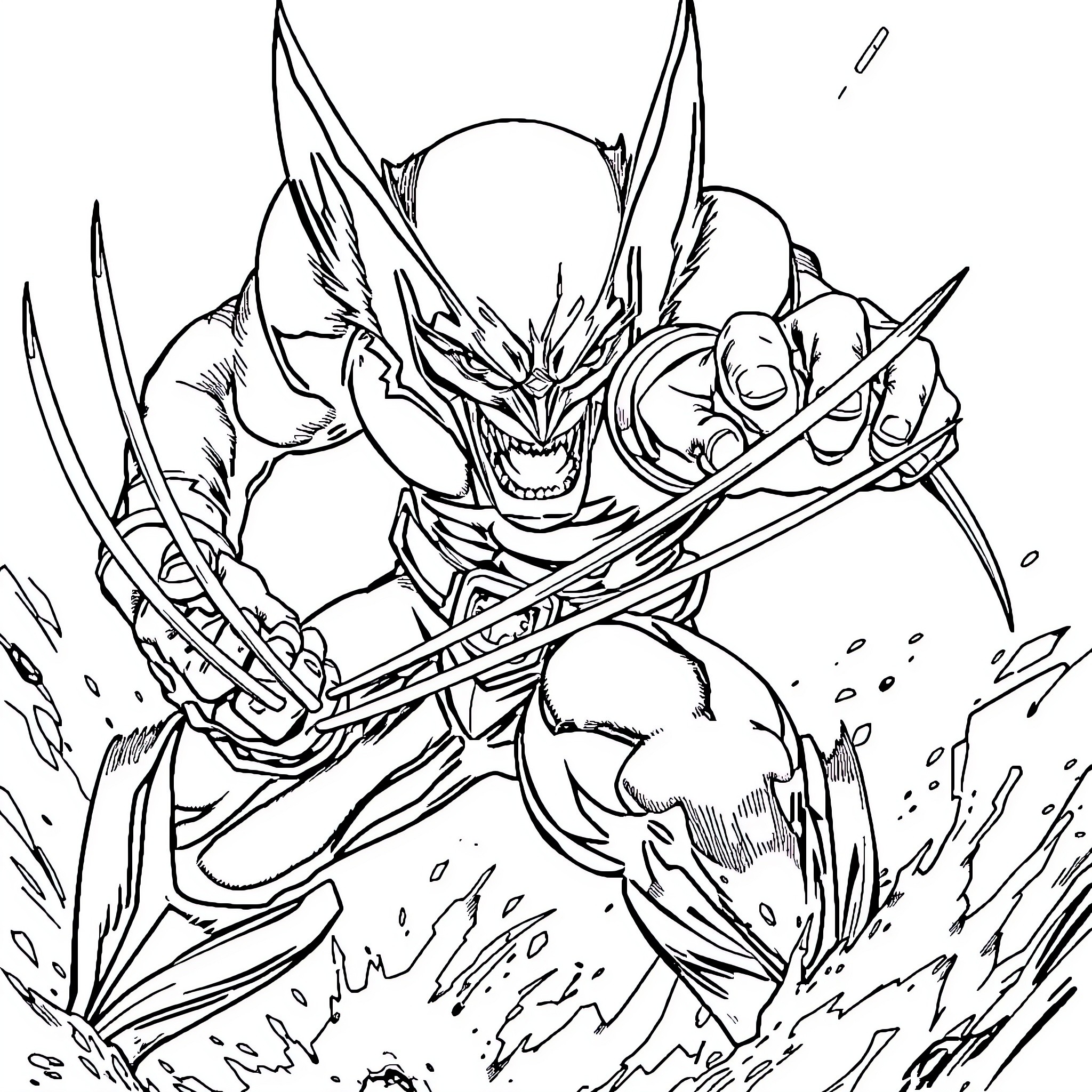 Wolverine Unleashing Fierce Attack Coloring Page (free black-and-white line drawing printable PDF for all, from beginners to advanced learners, including children, teens, adults, and seniors)