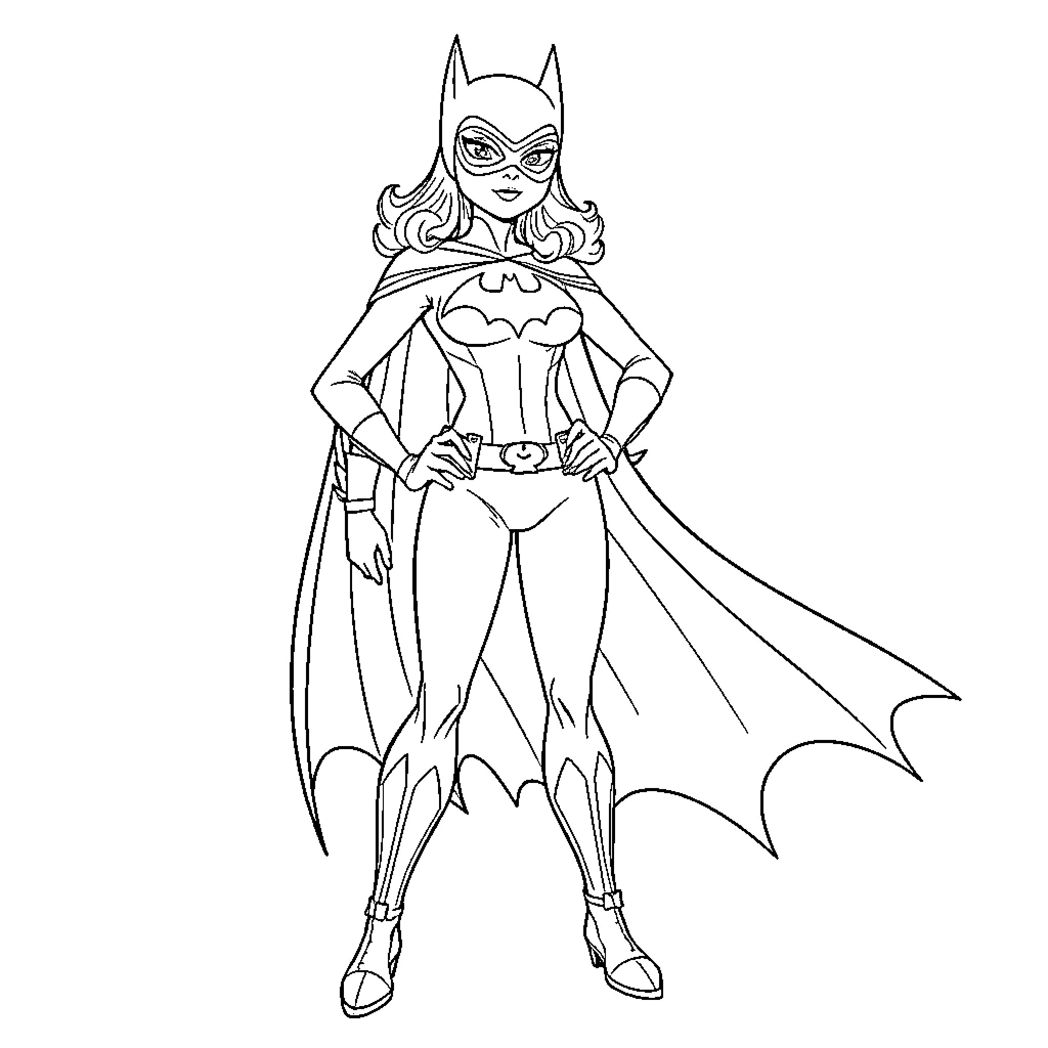 Bat Girl in heroic stance with cape and mask Coloring Page (free black-and-white line drawing printable PDF for all, from beginners to advanced learners, including children, teens, adults, and seniors)