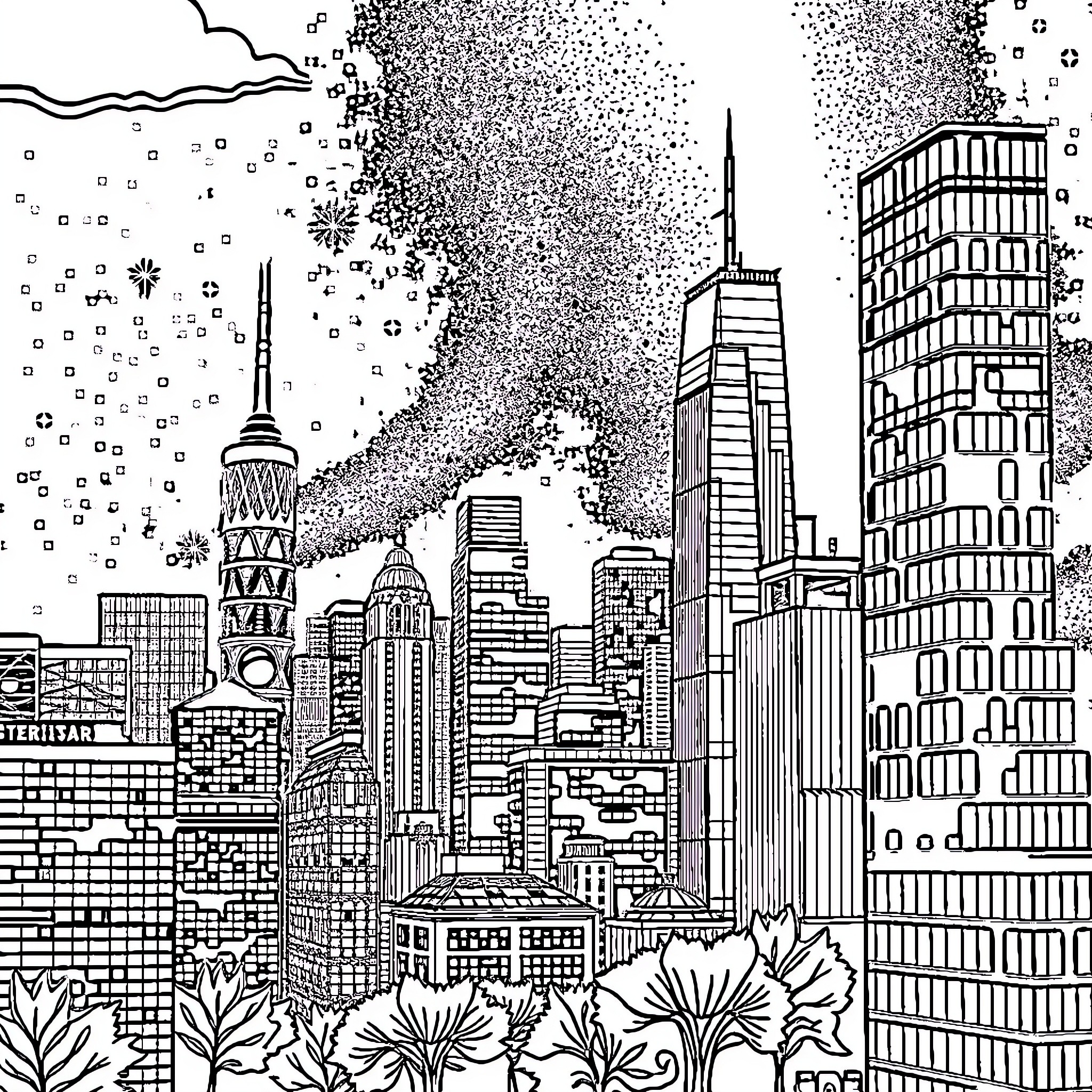 City skyline at night with skyscrapers and illuminated features Coloring Page (free black-and-white line drawing printable PDF for all, from beginners to advanced learners, including children, teens, adults, and seniors)