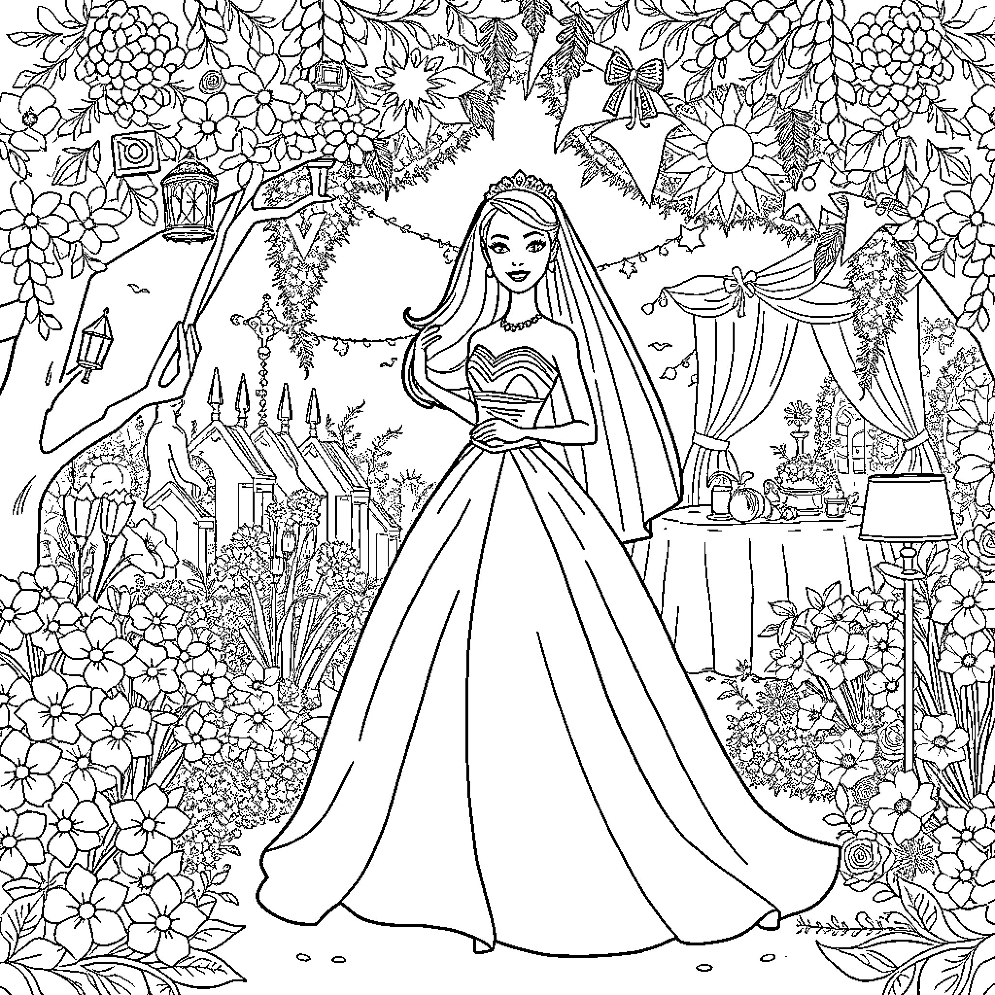 Barbie in Dreamland Garden Coloring Page (free black-and-white line drawing printable PDF for all, from beginners to advanced learners, including children, teens, adults, and seniors)
