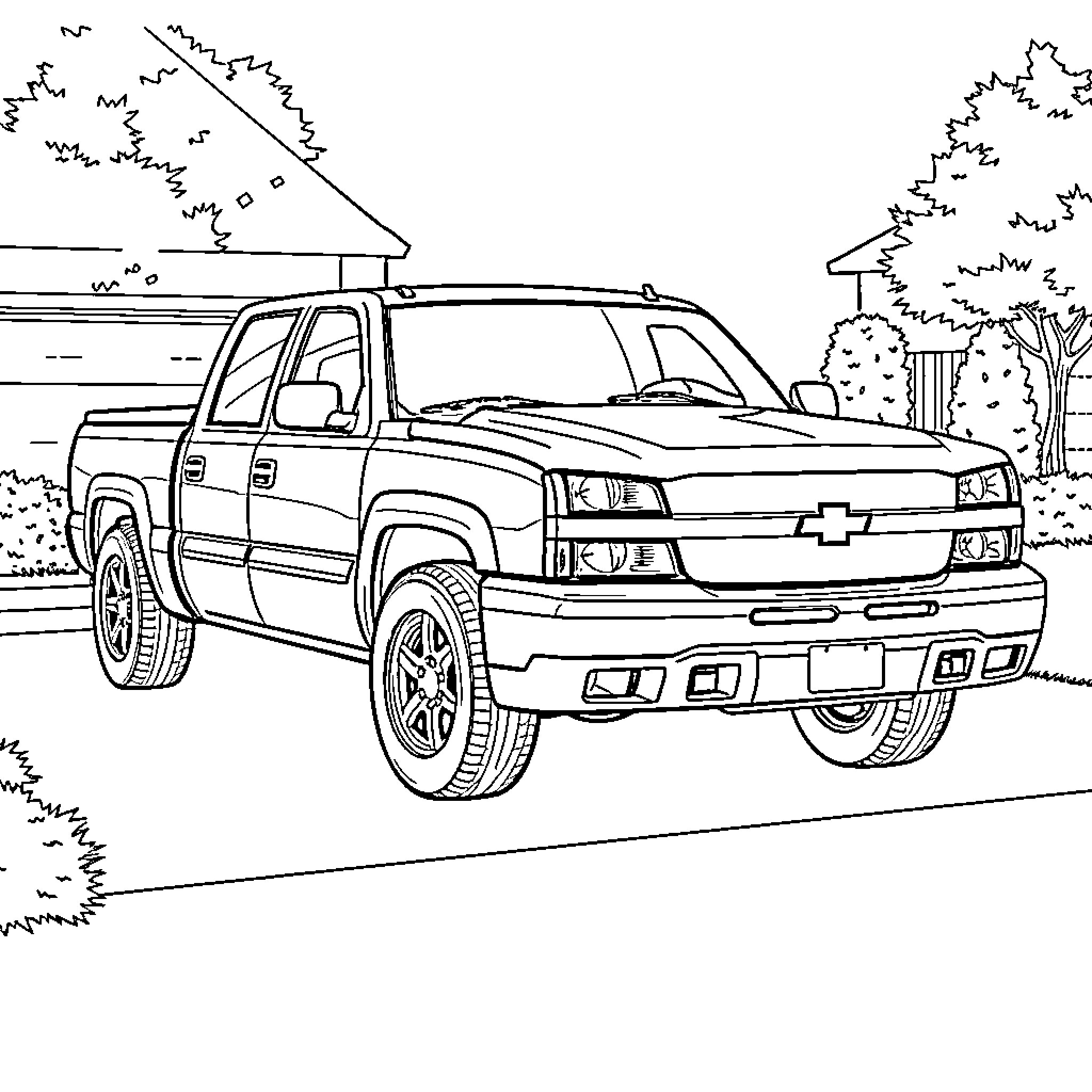 Silverado pickup truck on a country road Coloring Page (free black-and-white line drawing printable PDF for all, from beginners to advanced learners, including children, teens, adults, and seniors)