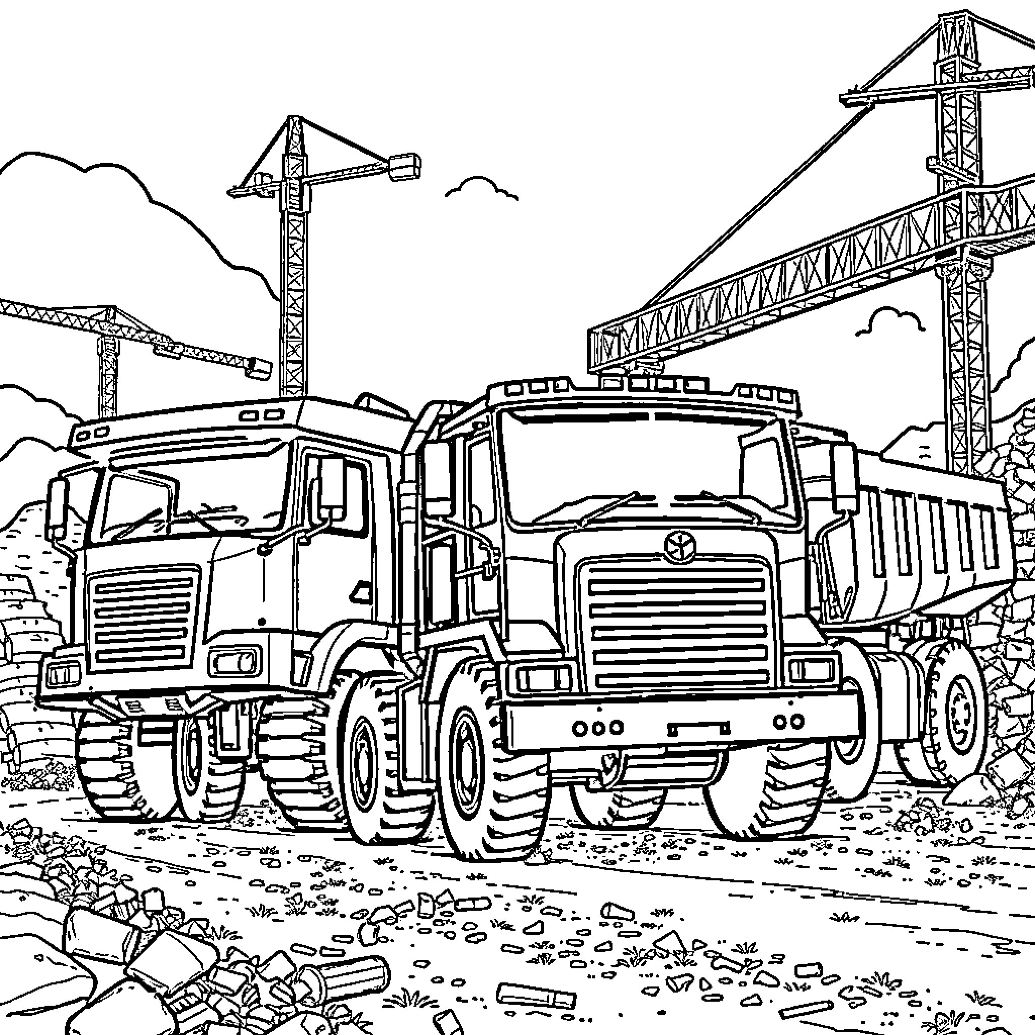 Construction Truck Hauling Heavy Load at Construction Site Coloring Page (free black-and-white line drawing printable PDF for all, from beginners to advanced learners, including children, teens, adults, and seniors)
