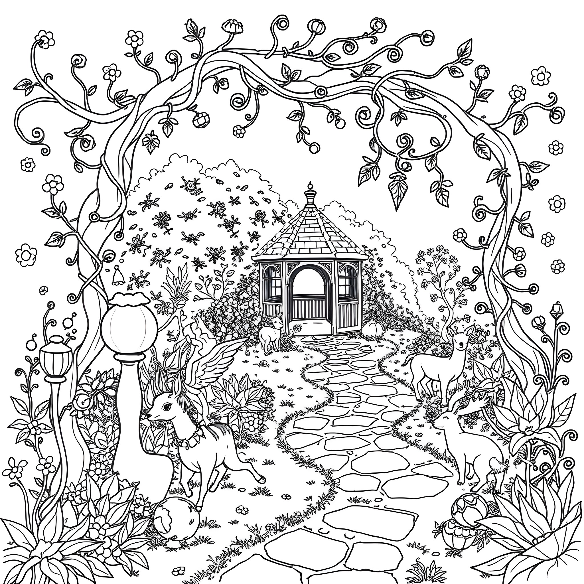 Garden of Enchantment and Whimsy Coloring Page (free black-and-white line drawing printable PDF for all, from beginners to advanced learners, including children, teens, adults, and seniors)