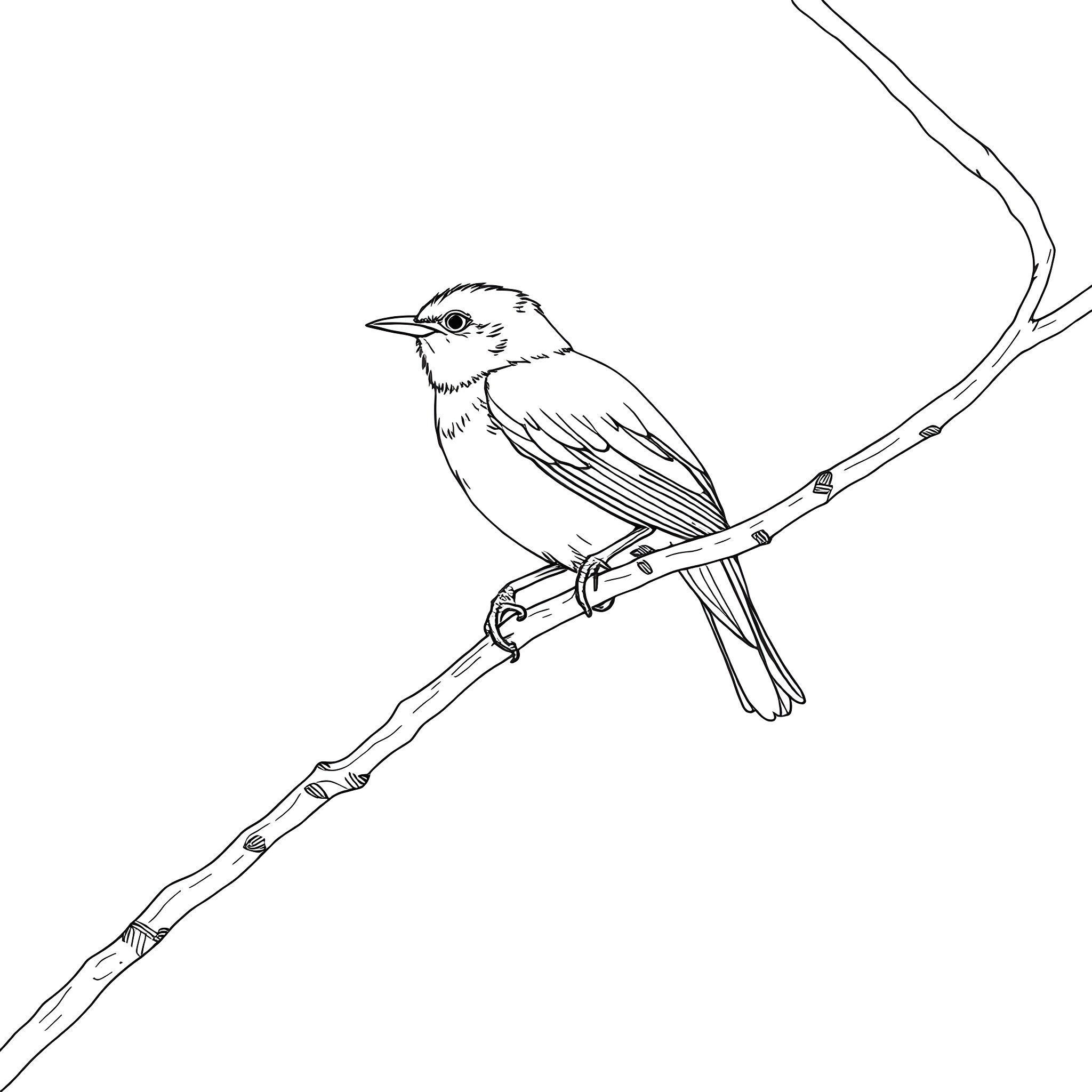 Honeycreeper perched on a branch Coloring Page (free black-and-white line drawing printable PDF for all, from beginners to advanced learners, including children, teens, adults, and seniors)