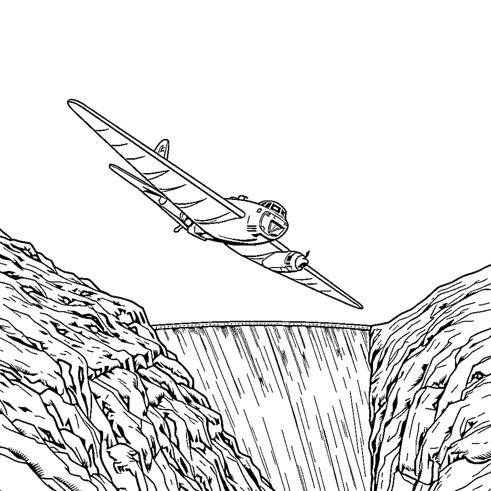 Lancaster Bomber soaring over a dramatic canyon landscape Coloring Page (free black-and-white line drawing printable PDF for all, from beginners to advanced learners, including children, teens, adults, and seniors)