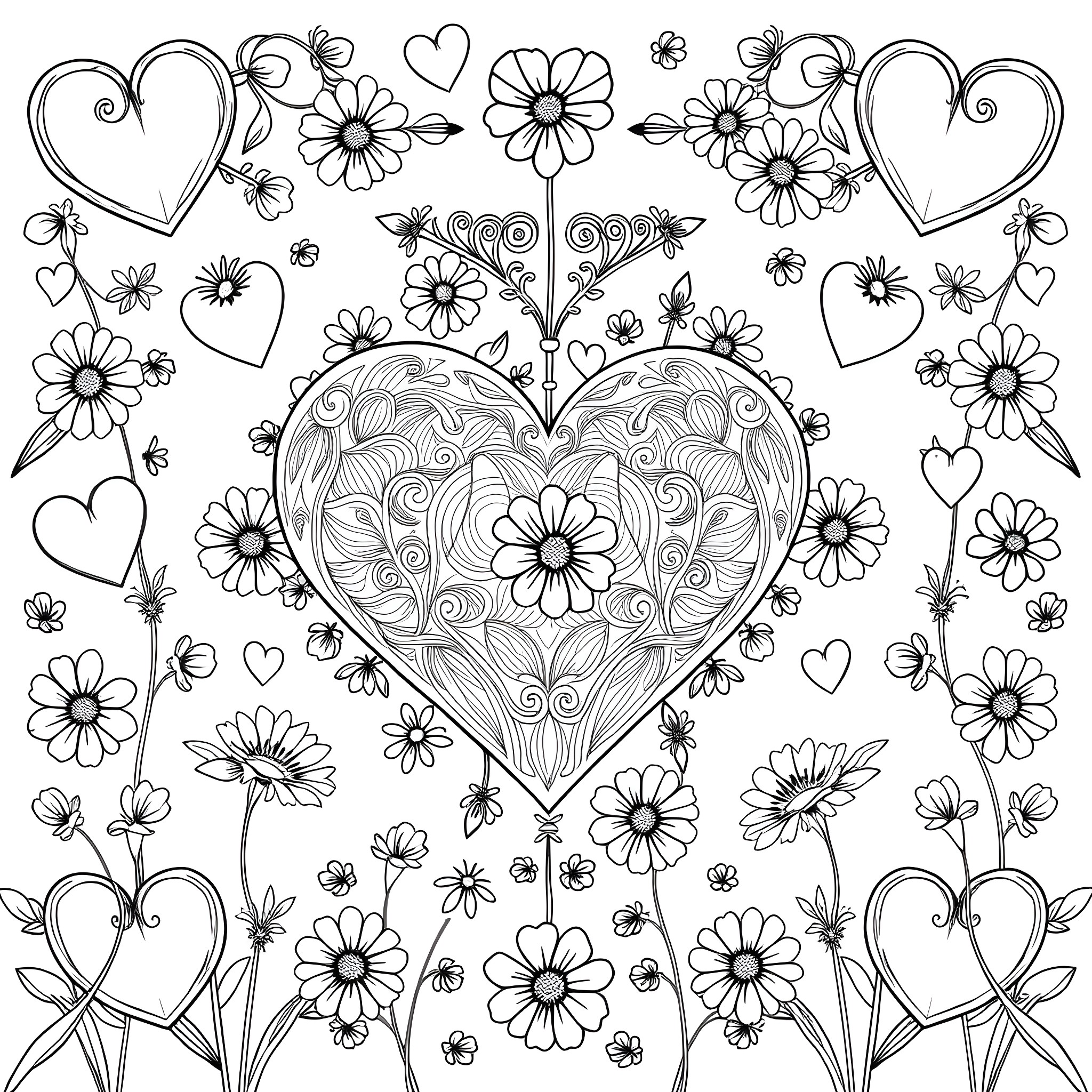 Heart Filled with Floral Designs and Butterflies Coloring Page (free black-and-white line drawing printable PDF for all, from beginners to advanced learners, including children, teens, adults, and seniors)