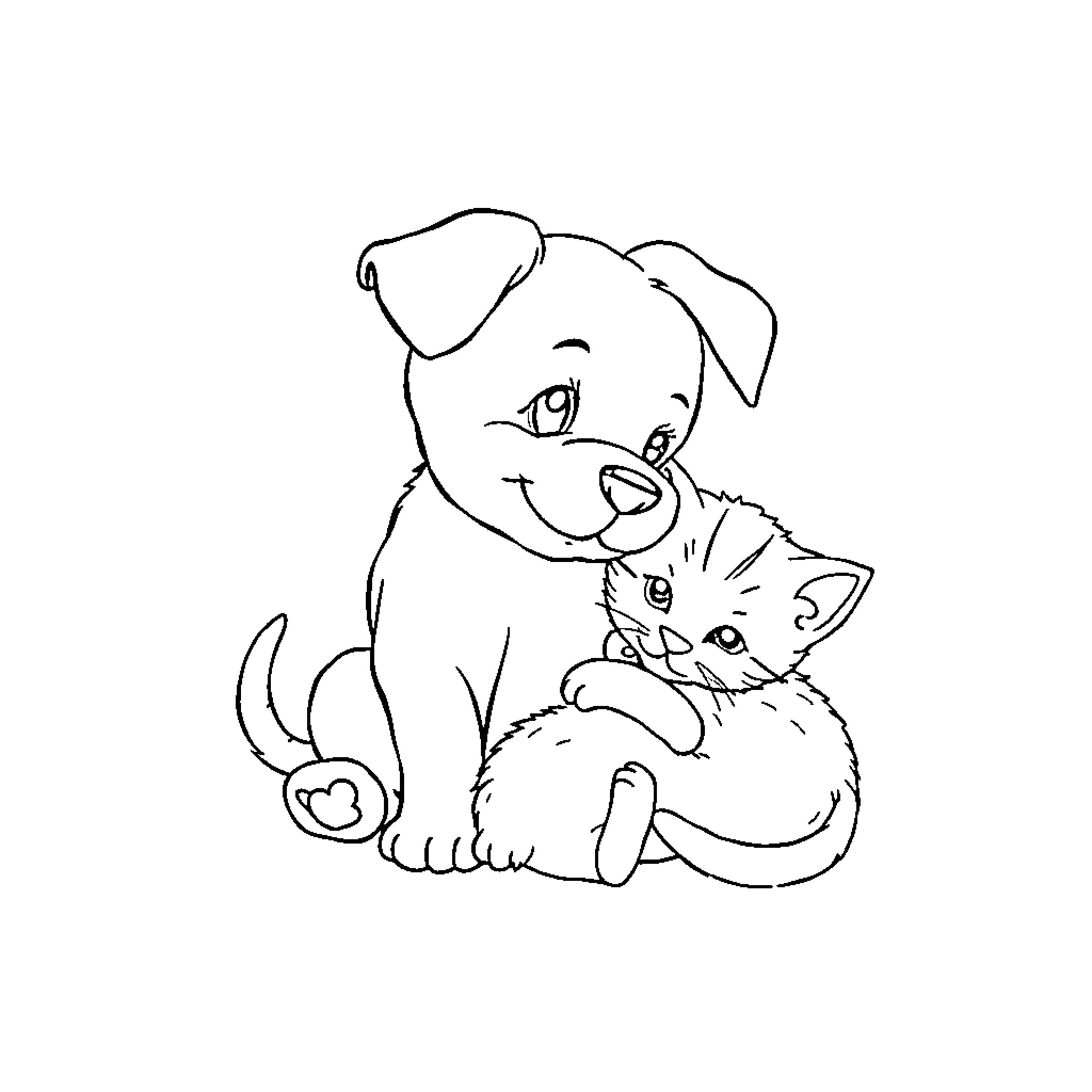 Ass-Licking Companions: Playful Puppy and Curious Kitten Coloring Page (free black-and-white line drawing printable PDF for all, from beginners to advanced learners, including children, teens, adults, and seniors)