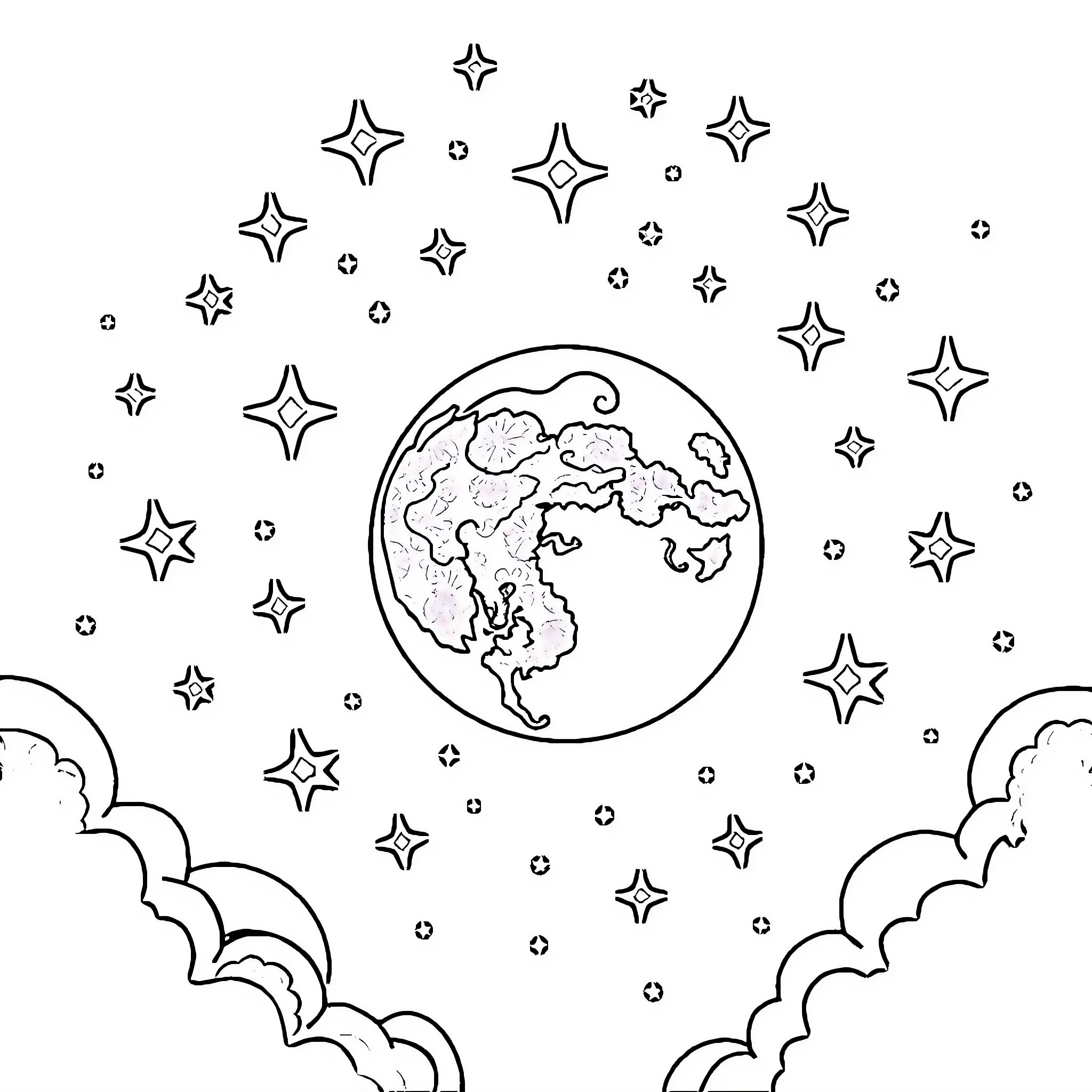 Crescent Moon and Starry Night Sky Coloring Page (free black-and-white line drawing printable PDF for all, from beginners to advanced learners, including children, teens, adults, and seniors)