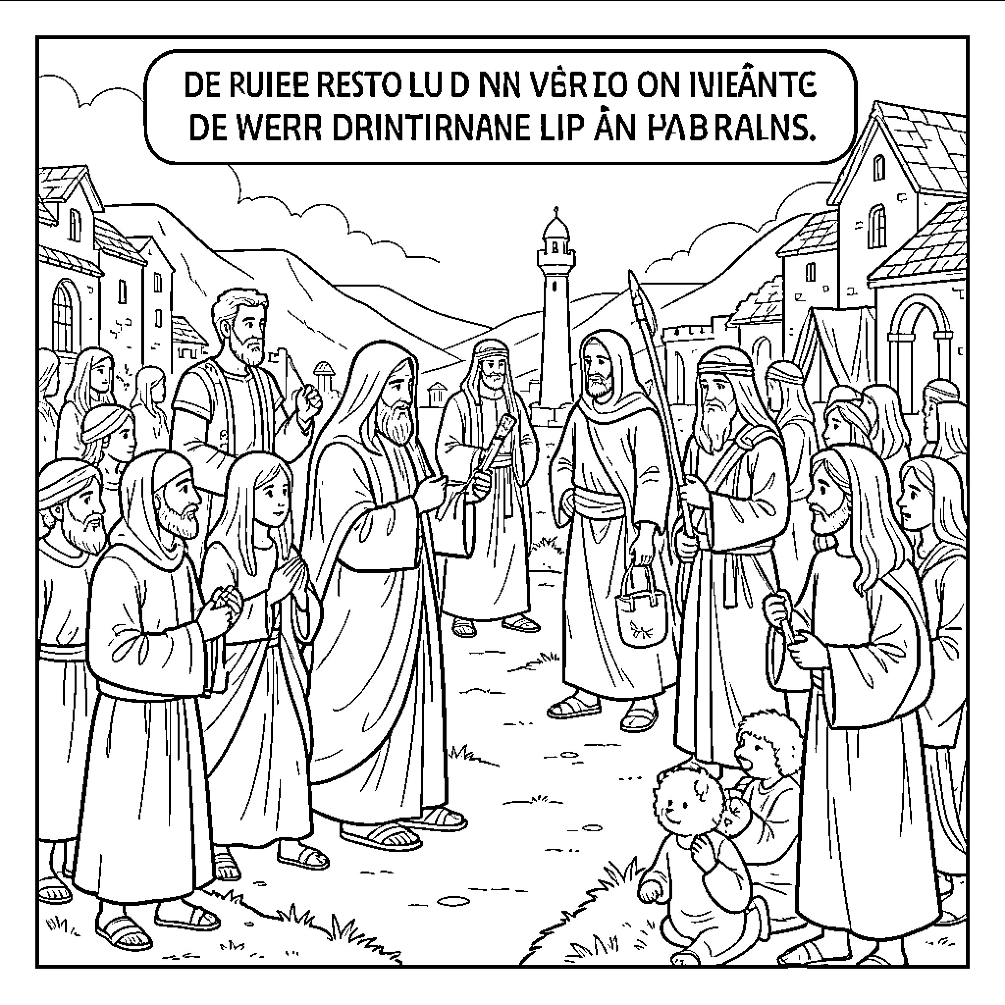 Biblical Story of people gathering in an ancient village Coloring Page (free black-and-white line drawing printable PDF for all, from beginners to advanced learners, including children, teens, adults, and seniors)