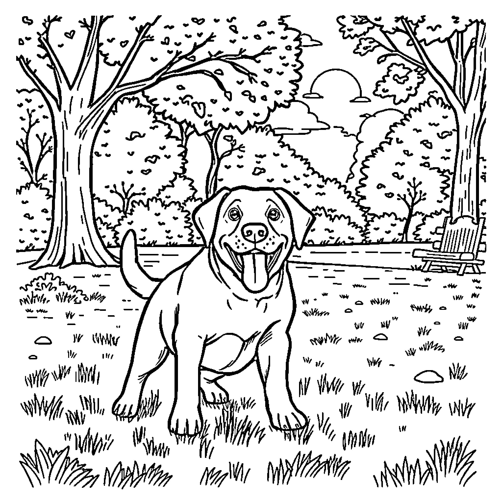 Labrador happily exploring a serene outdoor scene Coloring Page (free black-and-white line drawing printable PDF for all, from beginners to advanced learners, including children, teens, adults, and seniors)