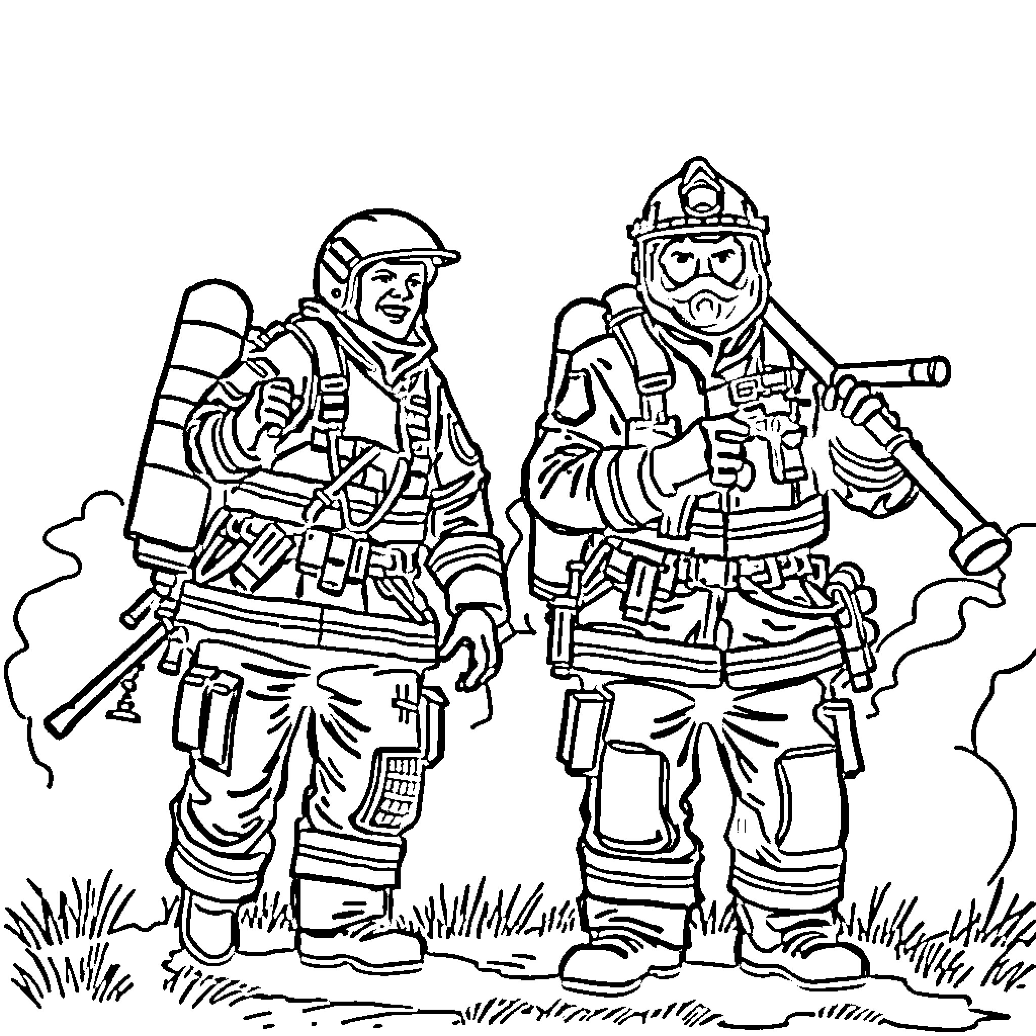 Firefighters in action with equipment Coloring Page (free black-and-white line drawing printable PDF for all, from beginners to advanced learners, including children, teens, adults, and seniors)