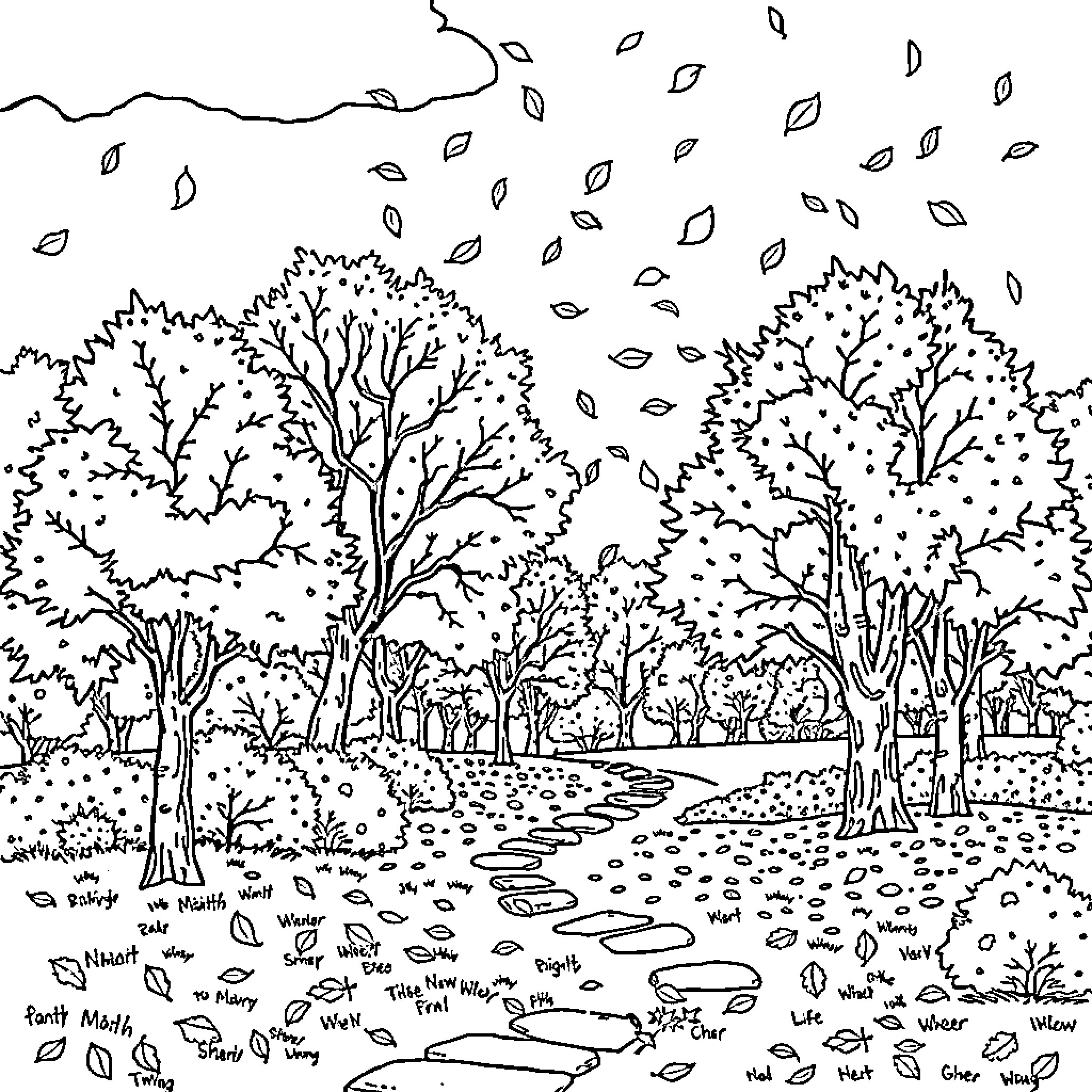 Fall Foliage Landscape with Falling Leaves Coloring Page (free black-and-white line drawing printable PDF for all, from beginners to advanced learners, including children, teens, adults, and seniors)