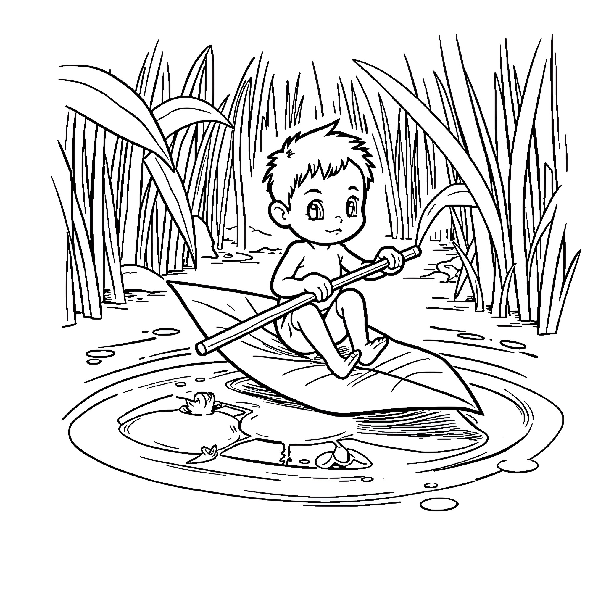 Person paddling a boat in a nature scene Coloring Page (free black-and-white line drawing printable PDF for all, from beginners to advanced learners, including children, teens, adults, and seniors)