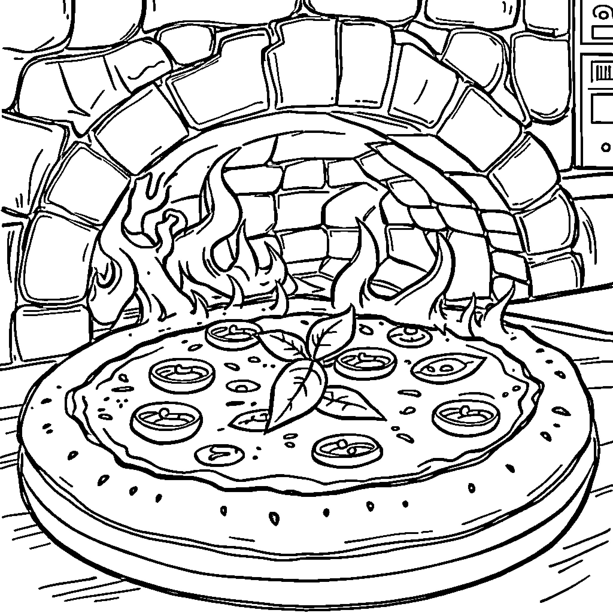 Pizza baking in a stone oven Coloring Page (free black-and-white line drawing printable PDF for all, from beginners to advanced learners, including children, teens, adults, and seniors)