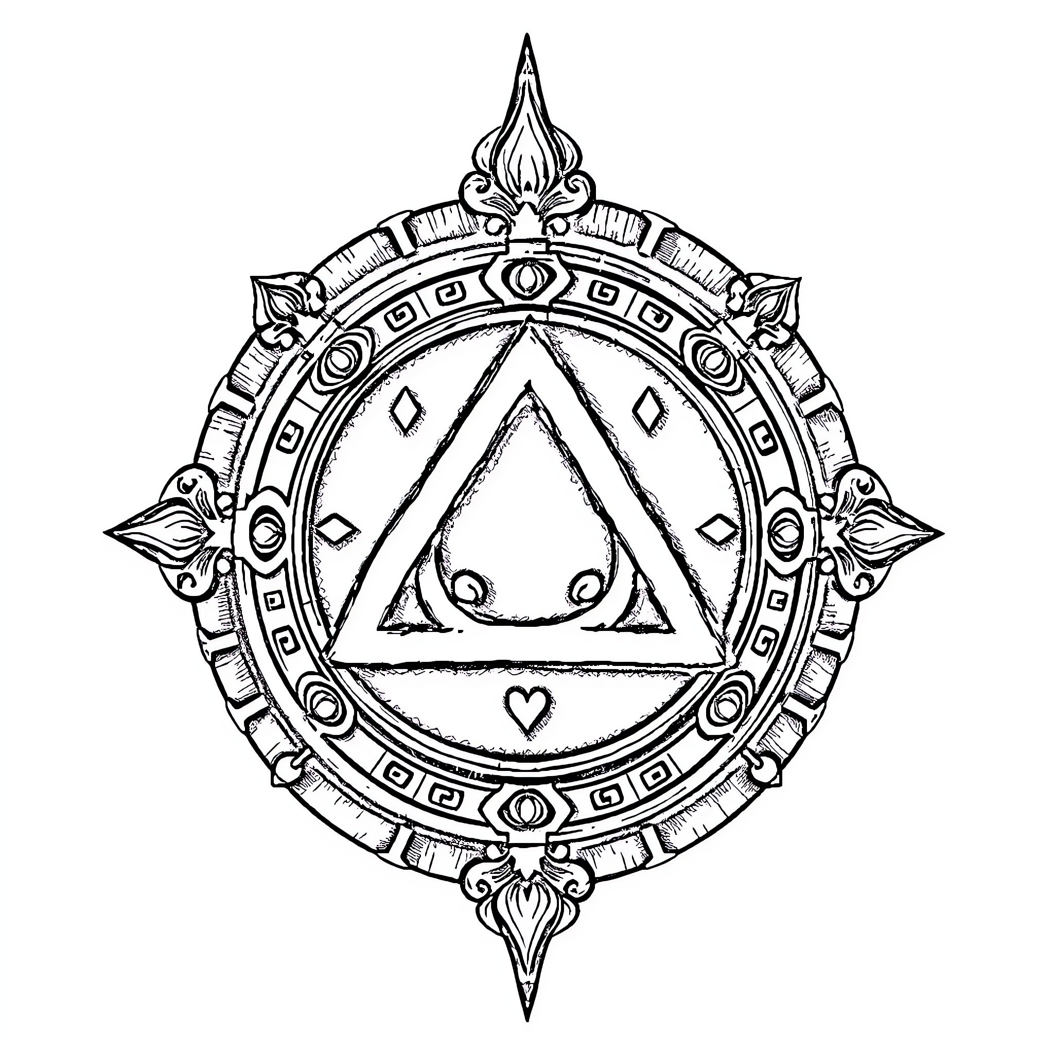 Trigram of mystic symbols and geometric shapes Coloring Page (free black-and-white line drawing printable PDF for all, from beginners to advanced learners, including children, teens, adults, and seniors)