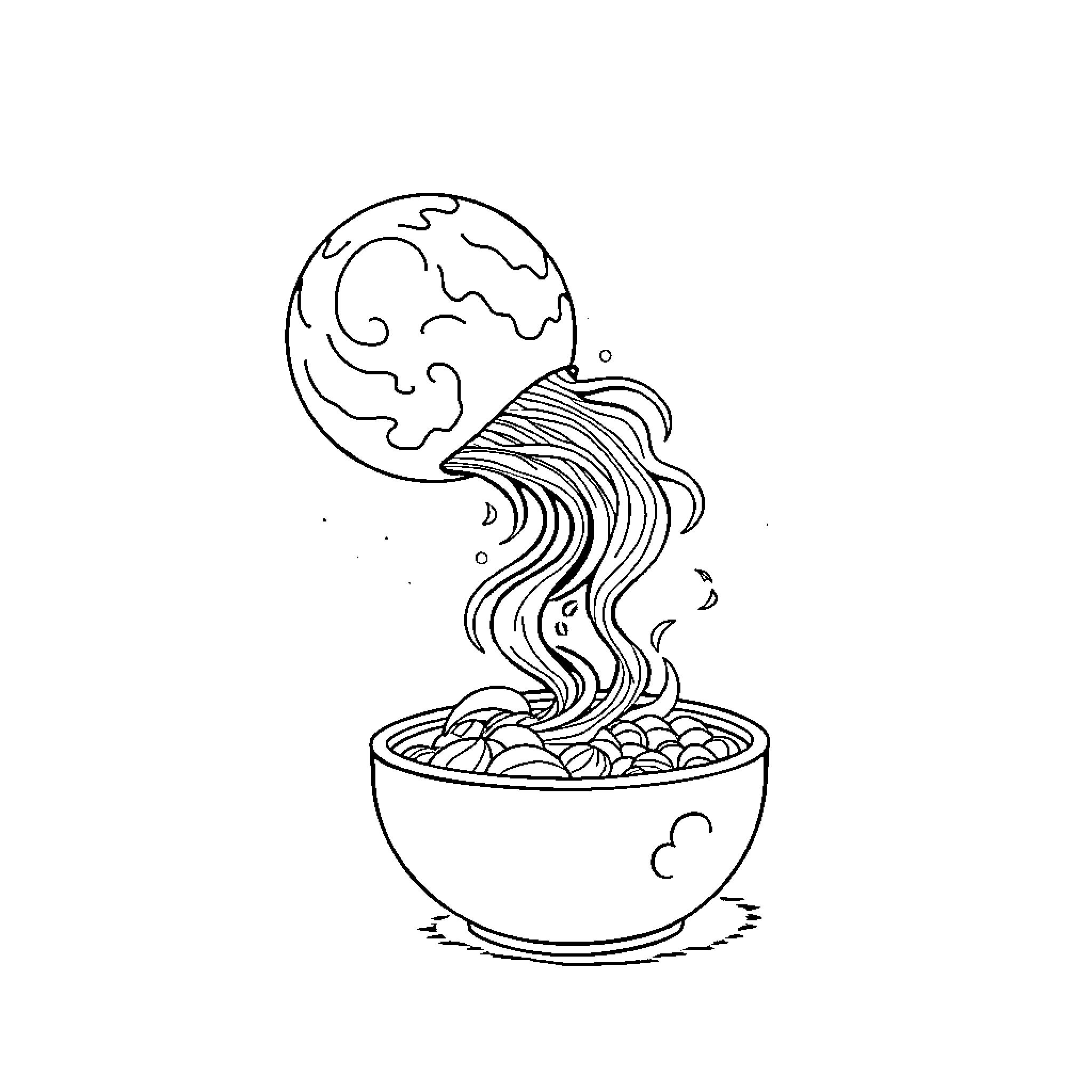 Curry Dish with Swirling Noodles and Celestial Elements Coloring Page (free black-and-white line drawing printable PDF for all, from beginners to advanced learners, including children, teens, adults, and seniors)