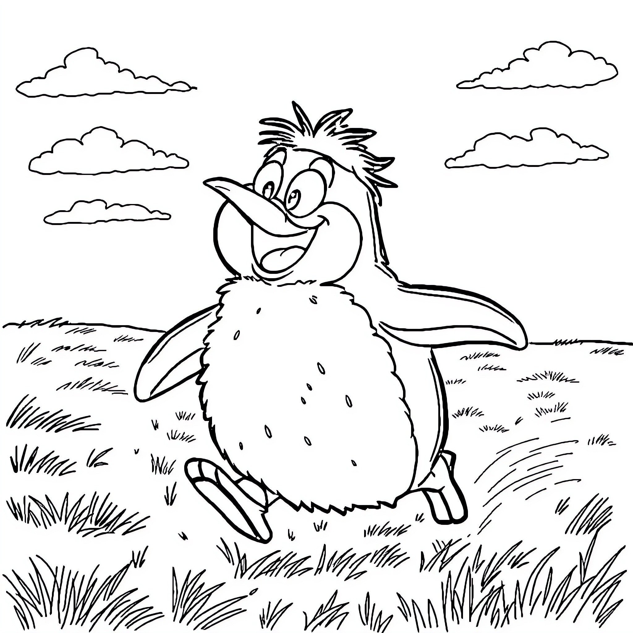 Chris Farley as a Cheerful Cartoon Bird in a Field Coloring Page (free black-and-white line drawing printable PDF for all, from beginners to advanced learners, including children, teens, adults, and seniors)