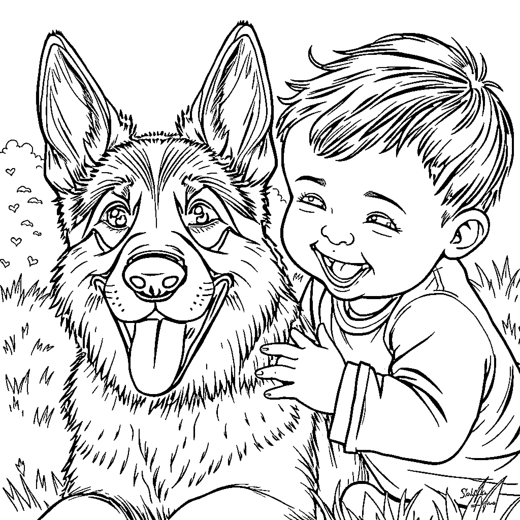 Baby playing happily with loyal dog in the field Coloring Page (free black-and-white line drawing printable PDF for all, from beginners to advanced learners, including children, teens, adults, and seniors)