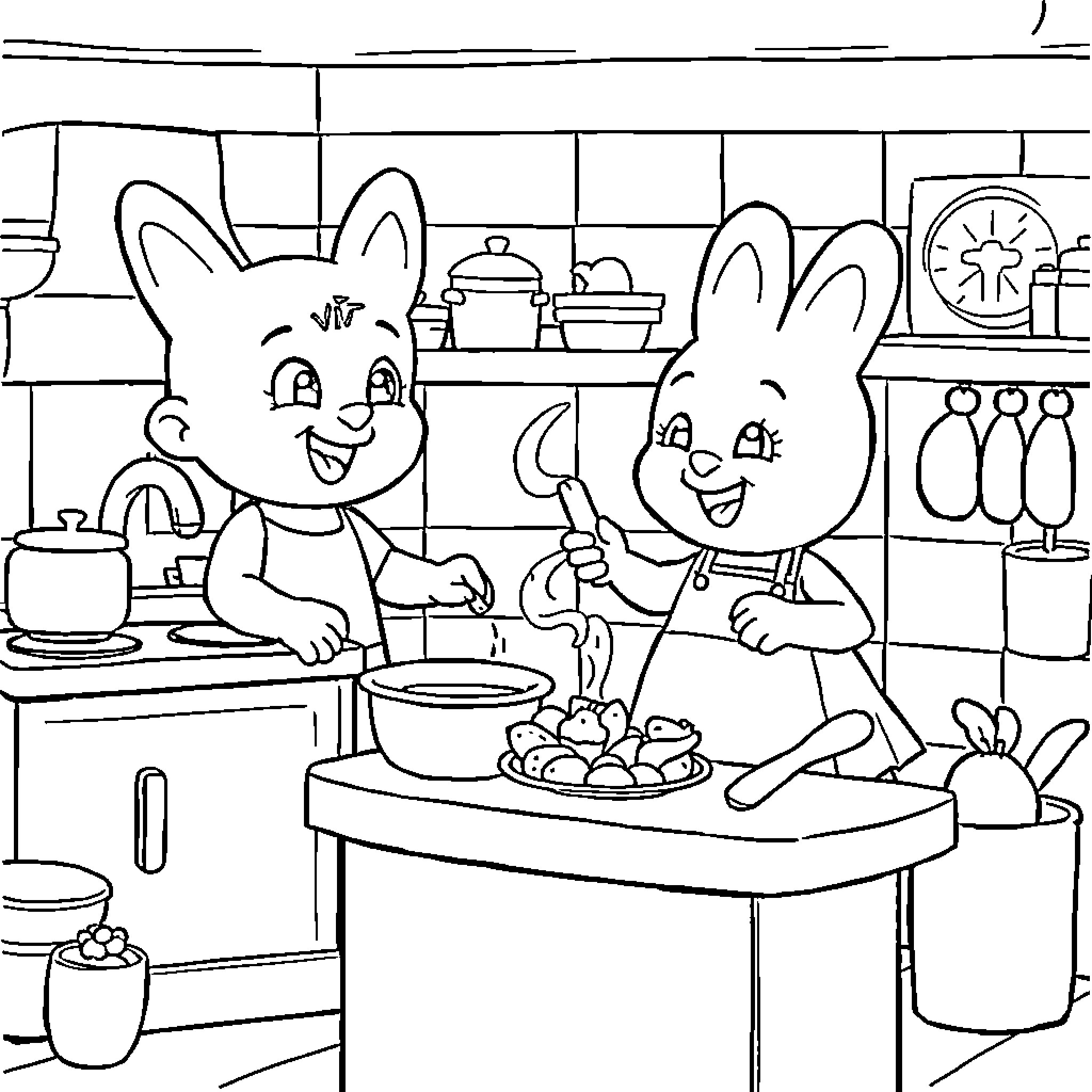 Bing Bunnies cooking happily in the kitchen Coloring Page (free black-and-white line drawing printable PDF for all, from beginners to advanced learners, including children, teens, adults, and seniors)