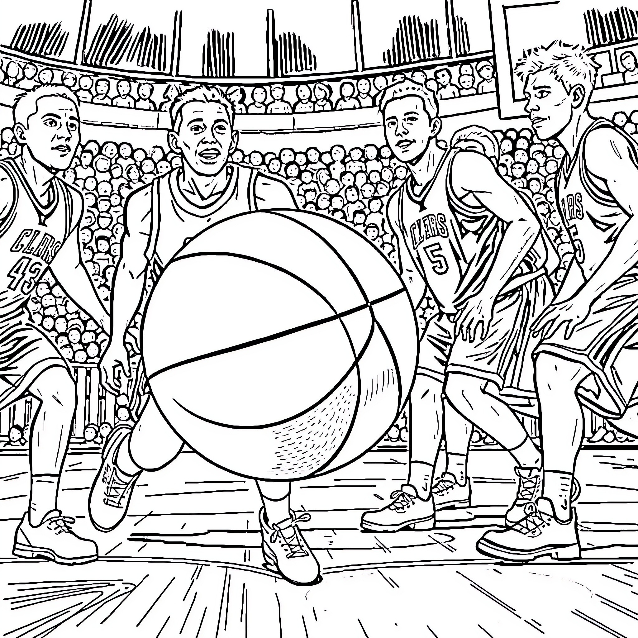 Basketball players competing in an intense game Coloring Page (free black-and-white line drawing printable PDF for all, from beginners to advanced learners, including children, teens, adults, and seniors)
