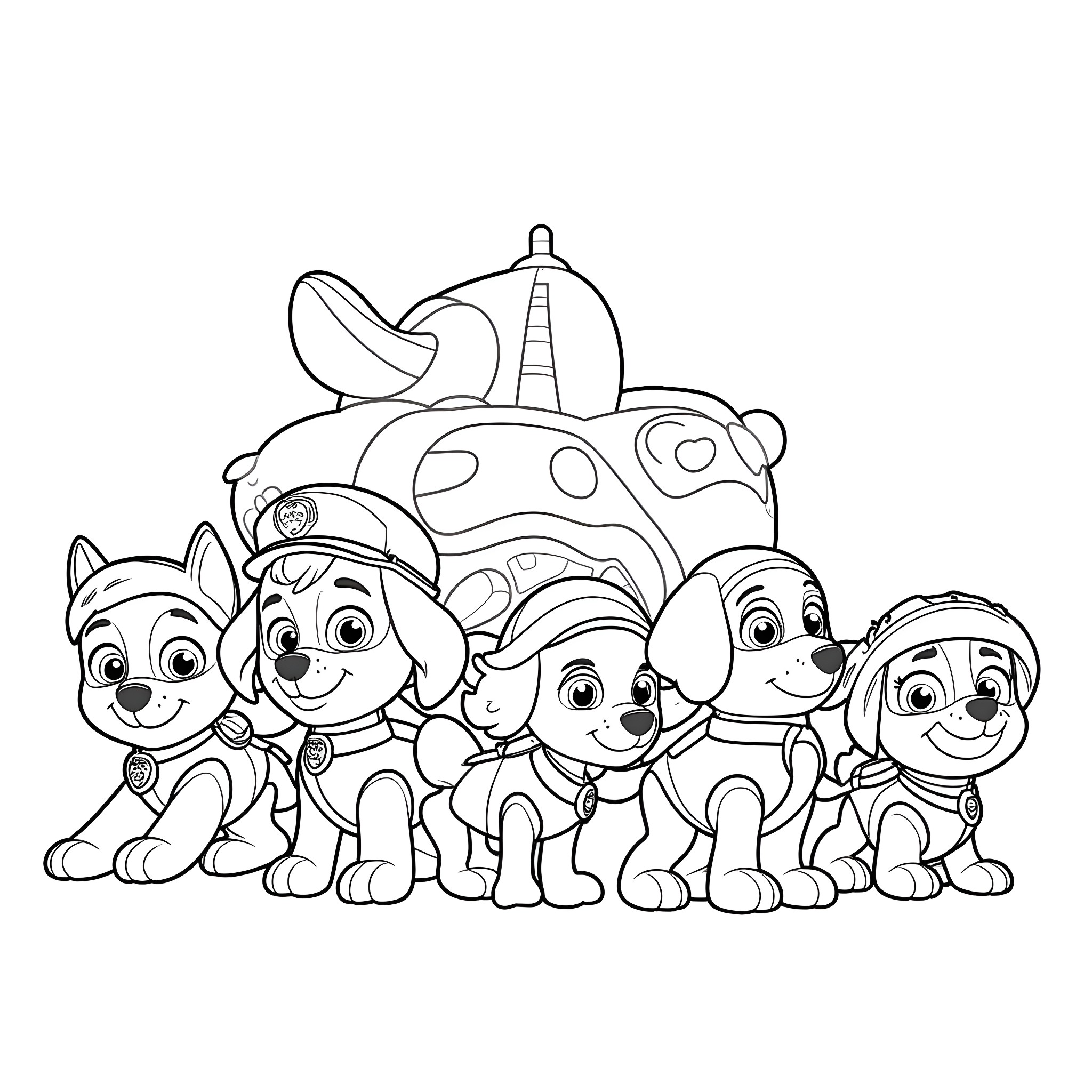 Paw Patrol characters in front of a colorful vehicle Coloring Page (free black-and-white line drawing printable PDF for all, from beginners to advanced learners, including children, teens, adults, and seniors)