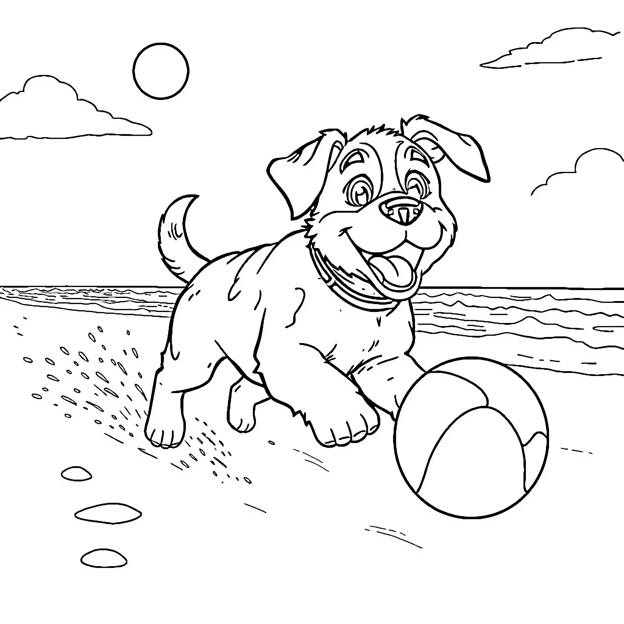 Dog playing with beach ball on the shore Coloring Page (free black-and-white line drawing printable PDF for all, from beginners to advanced learners, including children, teens, adults, and seniors)