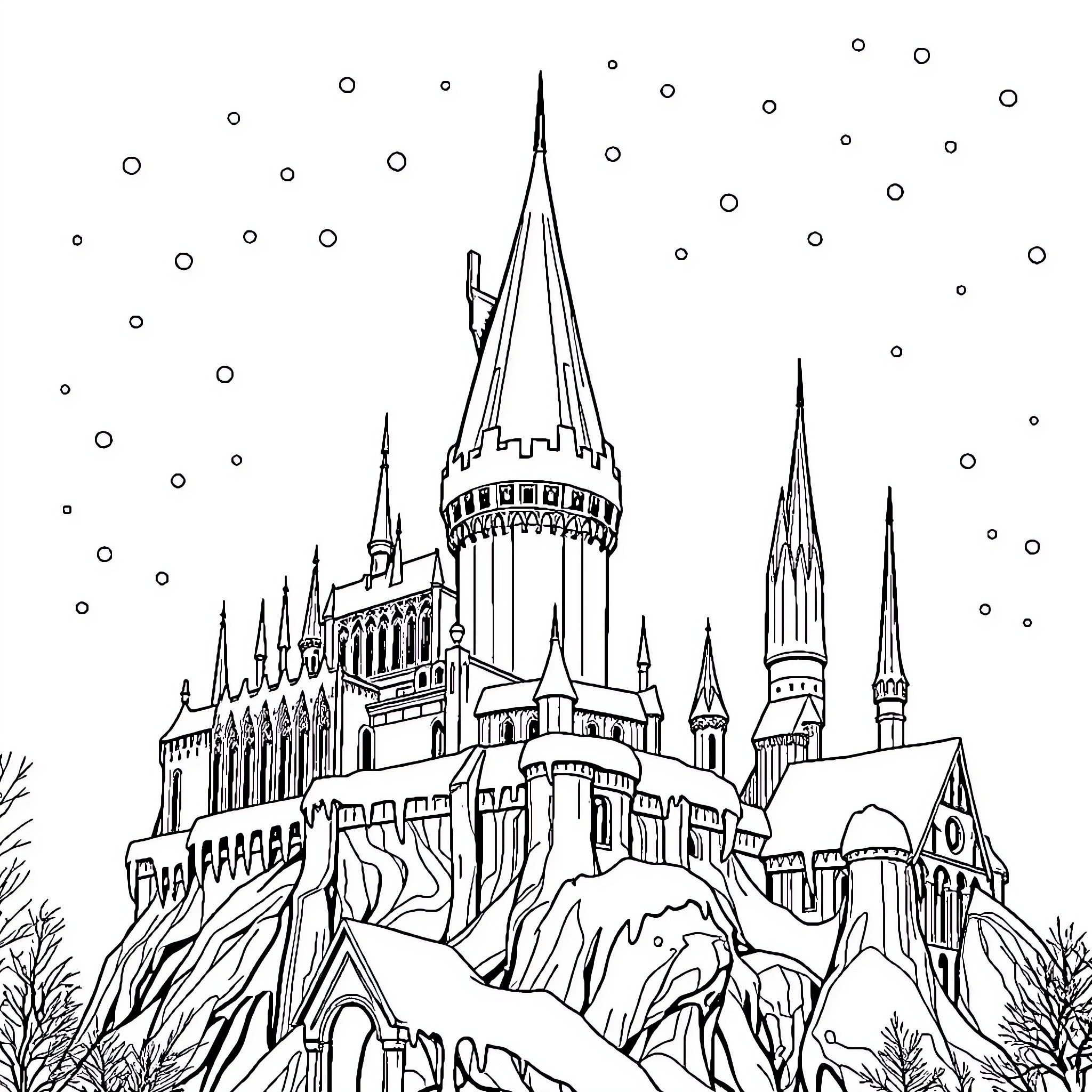 Hogwarts Castle Perched Atop Majestic Cliffs Coloring Page (free black-and-white line drawing printable PDF for all, from beginners to advanced learners, including children, teens, adults, and seniors)