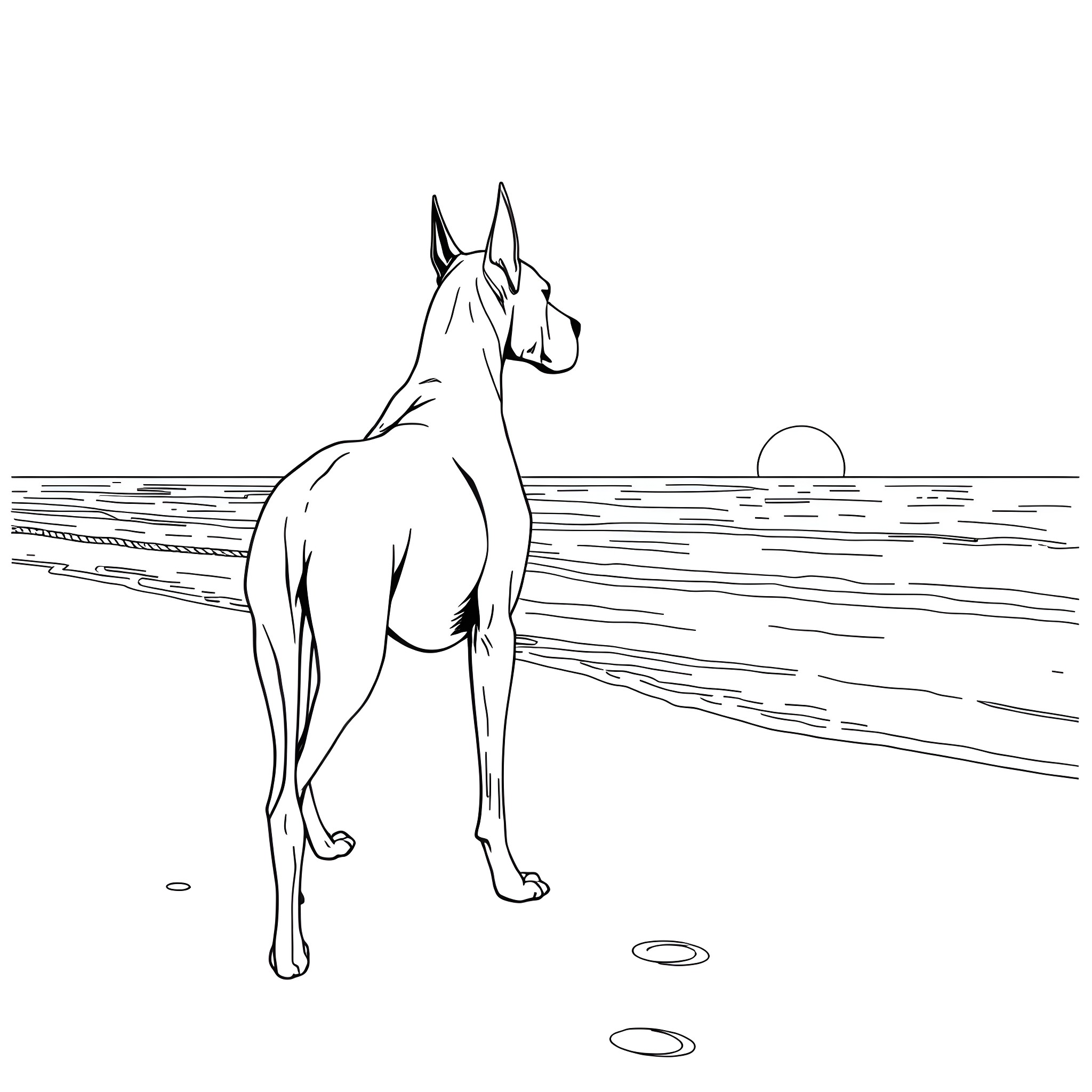 Great Dane walking on the beach at sunset Coloring Page (free black-and-white line drawing printable PDF for all, from beginners to advanced learners, including children, teens, adults, and seniors)