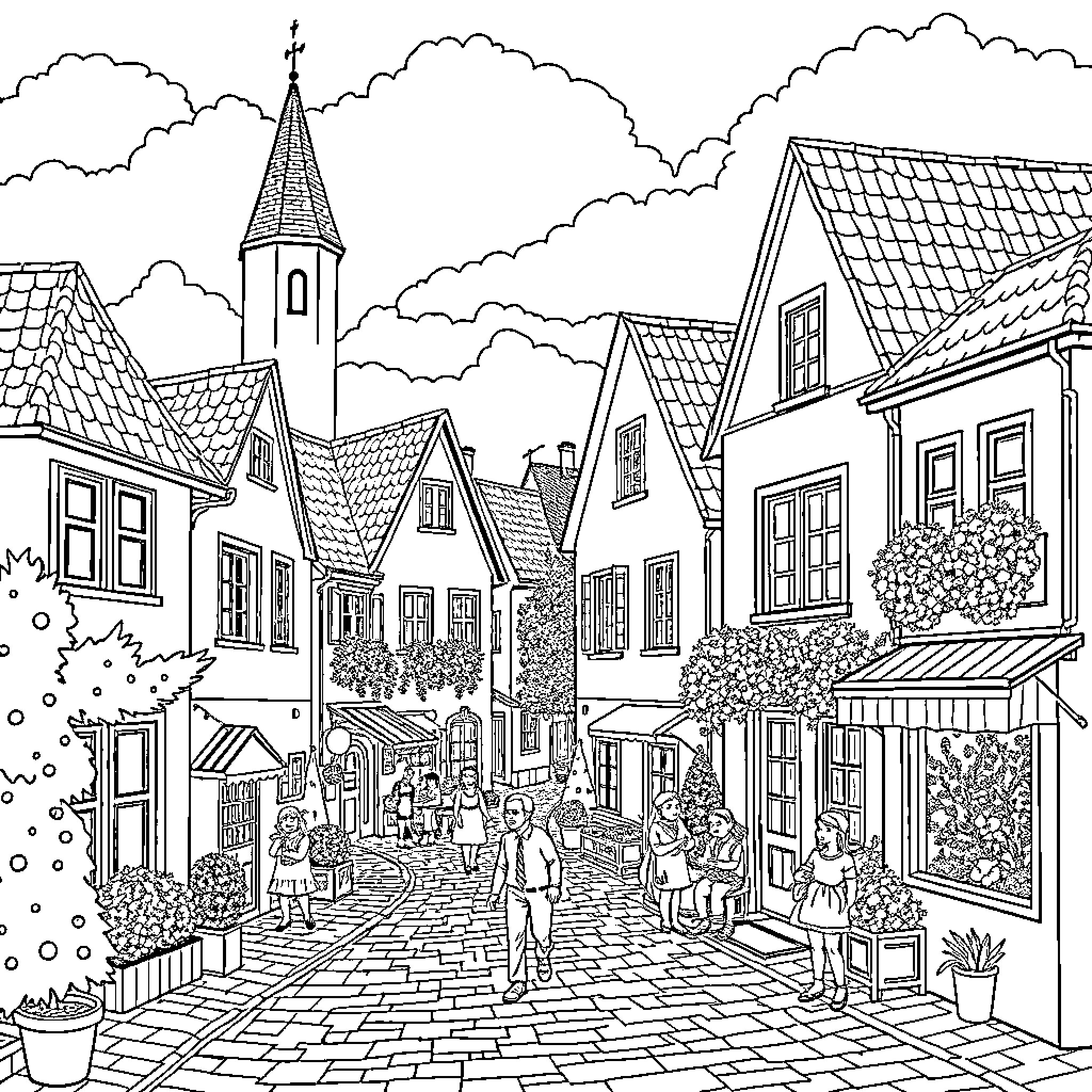Dudeldorf: Quaint Town Bustling with Activity Coloring Page (free black-and-white line drawing printable PDF for all, from beginners to advanced learners, including children, teens, adults, and seniors)