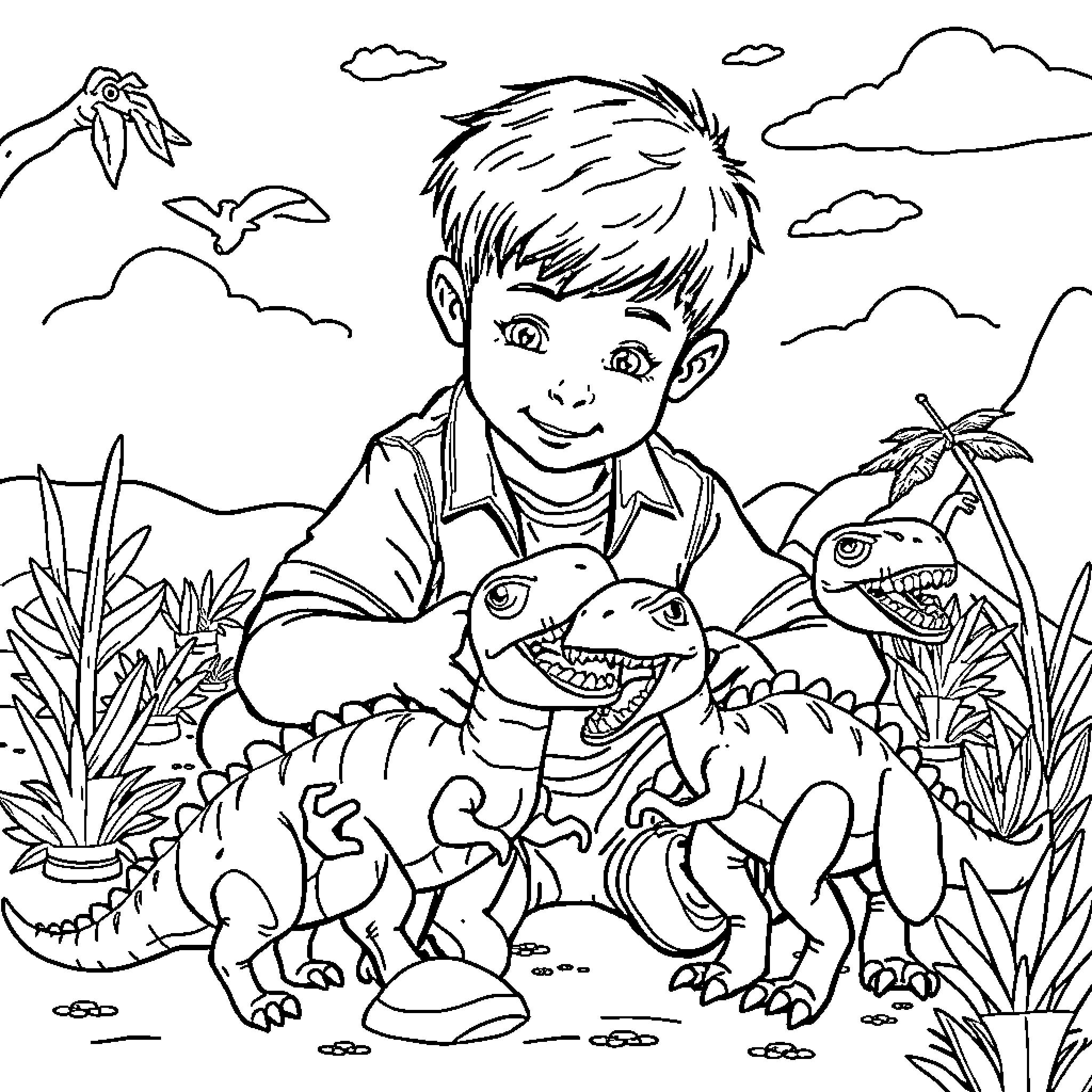 Colt's Adventure with Dinosaurs in the Wild Coloring Page (free black-and-white line drawing printable PDF for all, from beginners to advanced learners, including children, teens, adults, and seniors)