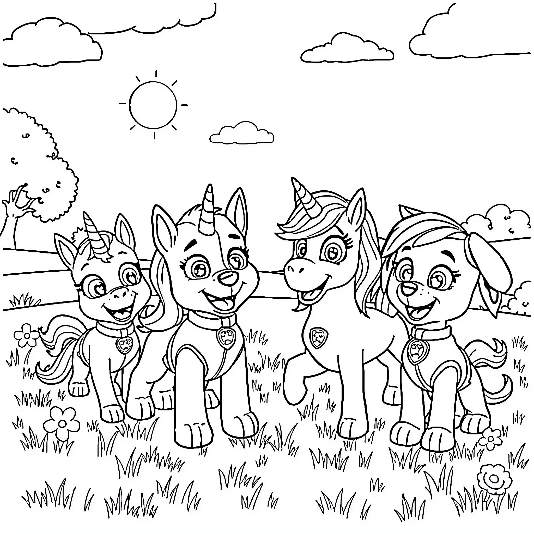 Paw Patrol characters playing in the field Coloring Page (free black-and-white line drawing printable PDF for all, from beginners to advanced learners, including children, teens, adults, and seniors)