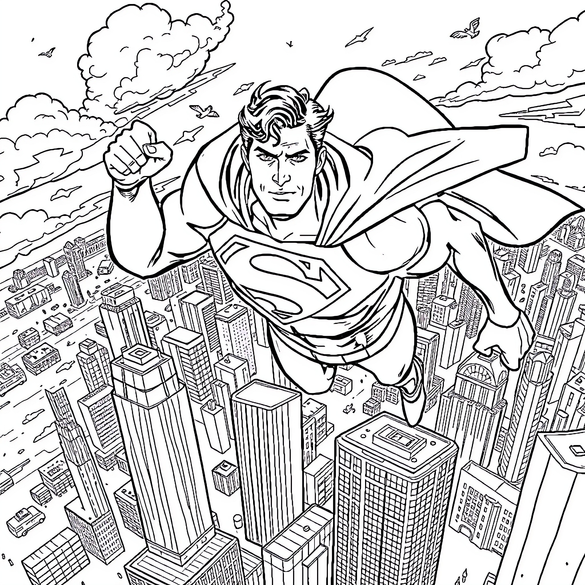 Superman soaring above the city skyline Coloring Page (free black-and-white line drawing printable PDF for all, from beginners to advanced learners, including children, teens, adults, and seniors)