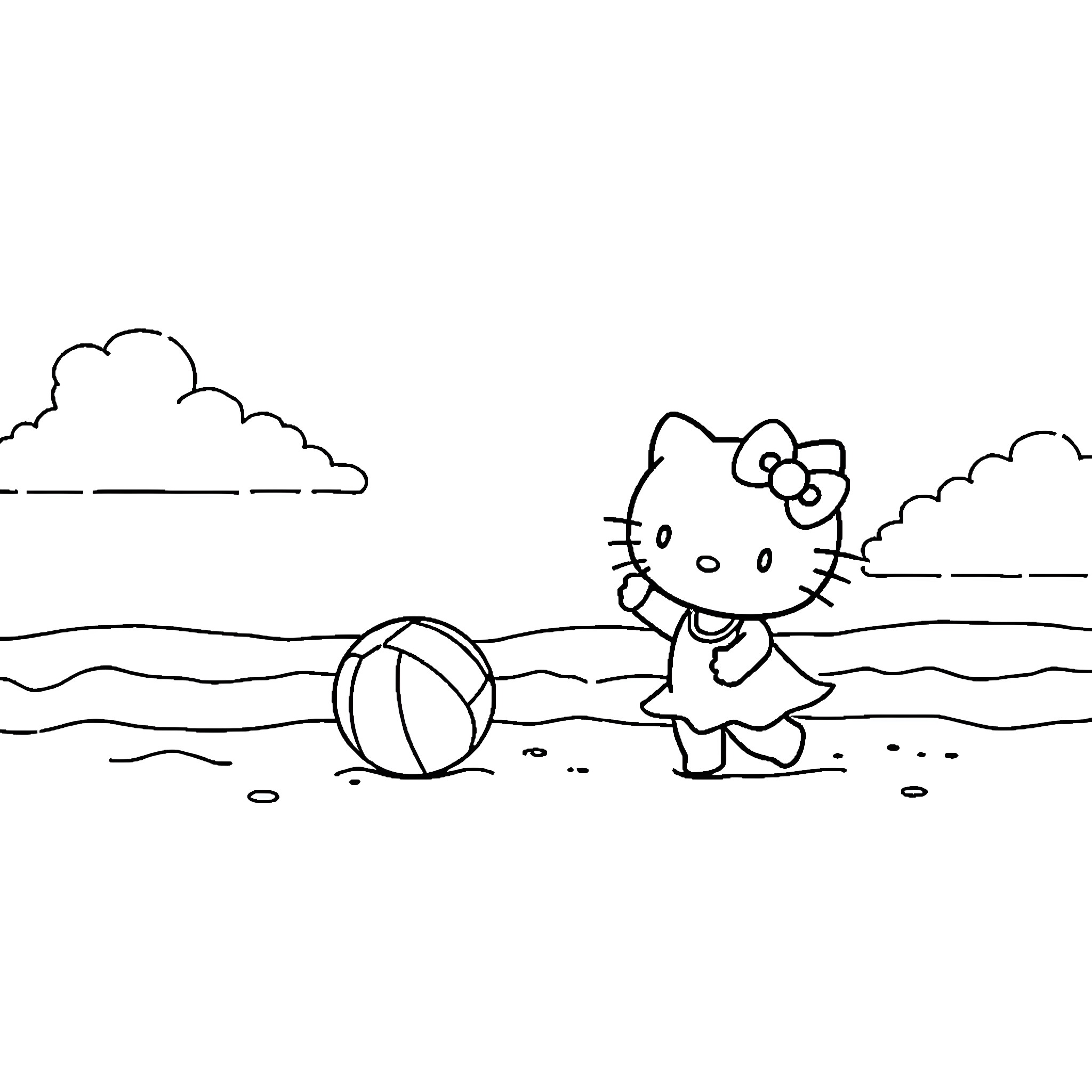 Hello Kitty playing on the beach with a ball Coloring Page (free black-and-white line drawing printable PDF for all, from beginners to advanced learners, including children, teens, adults, and seniors)