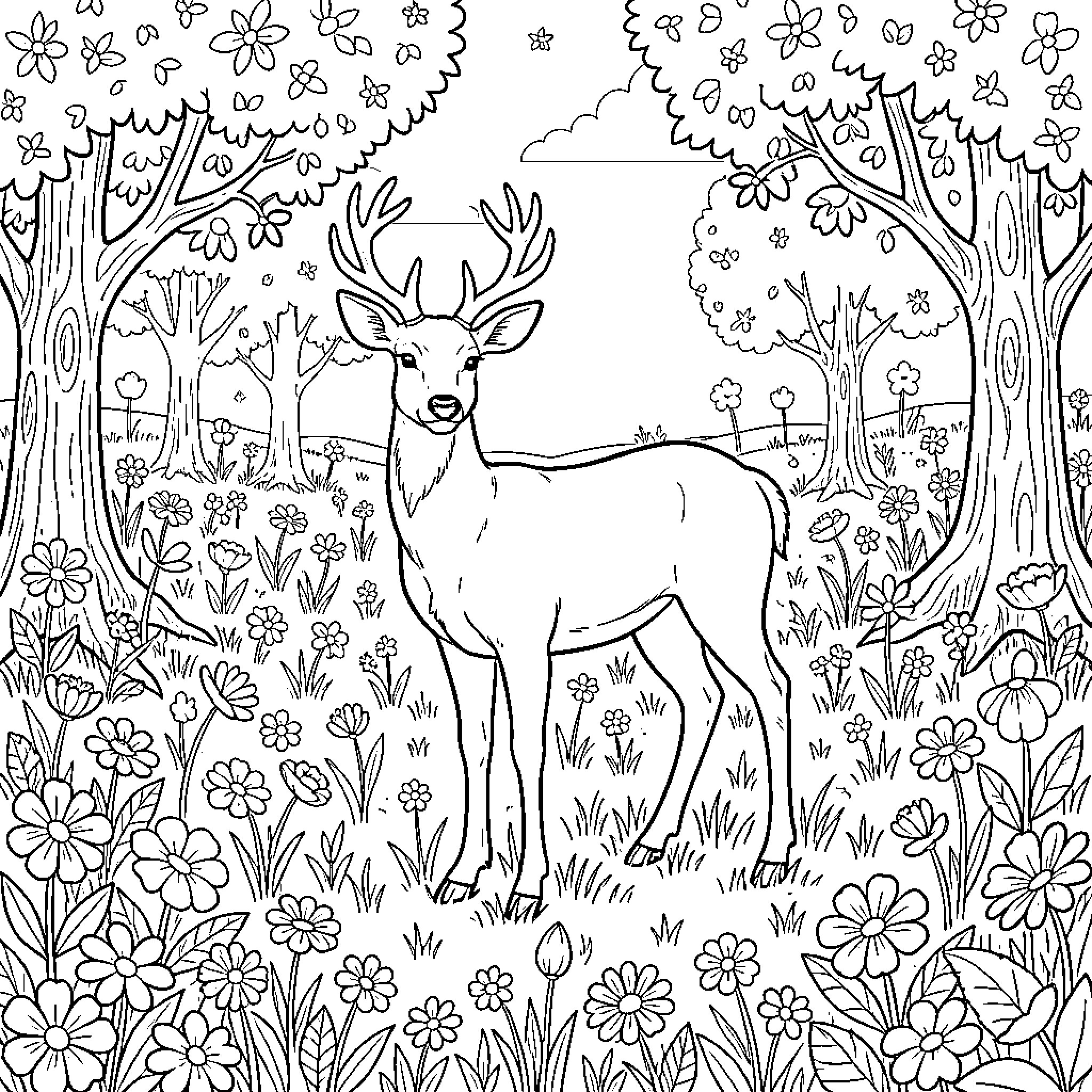 Deer standing calmly in a blooming meadow Coloring Page (free black-and-white line drawing printable PDF for all, from beginners to advanced learners, including children, teens, adults, and seniors)