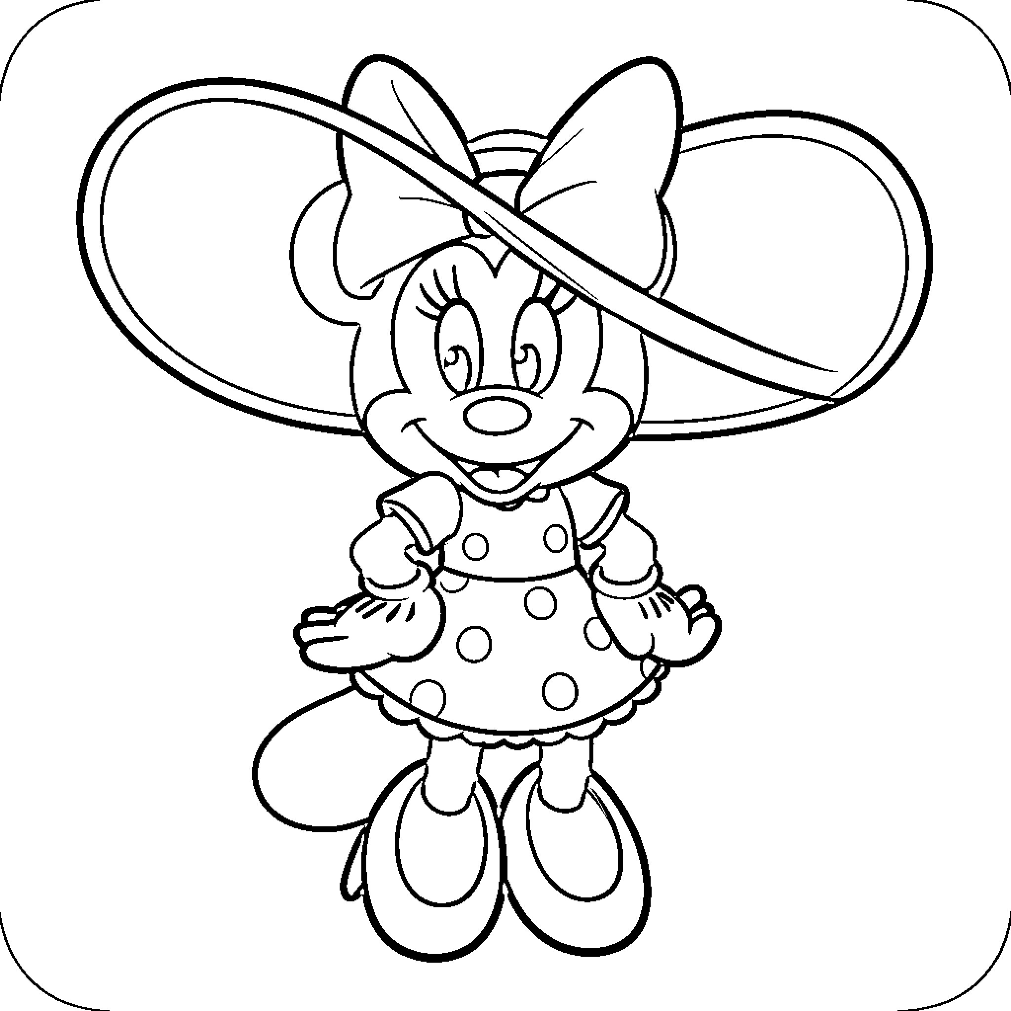 Minnie wearing a large hat and polka dot dress Coloring Page (free black-and-white line drawing printable PDF for all, from beginners to advanced learners, including children, teens, adults, and seniors)