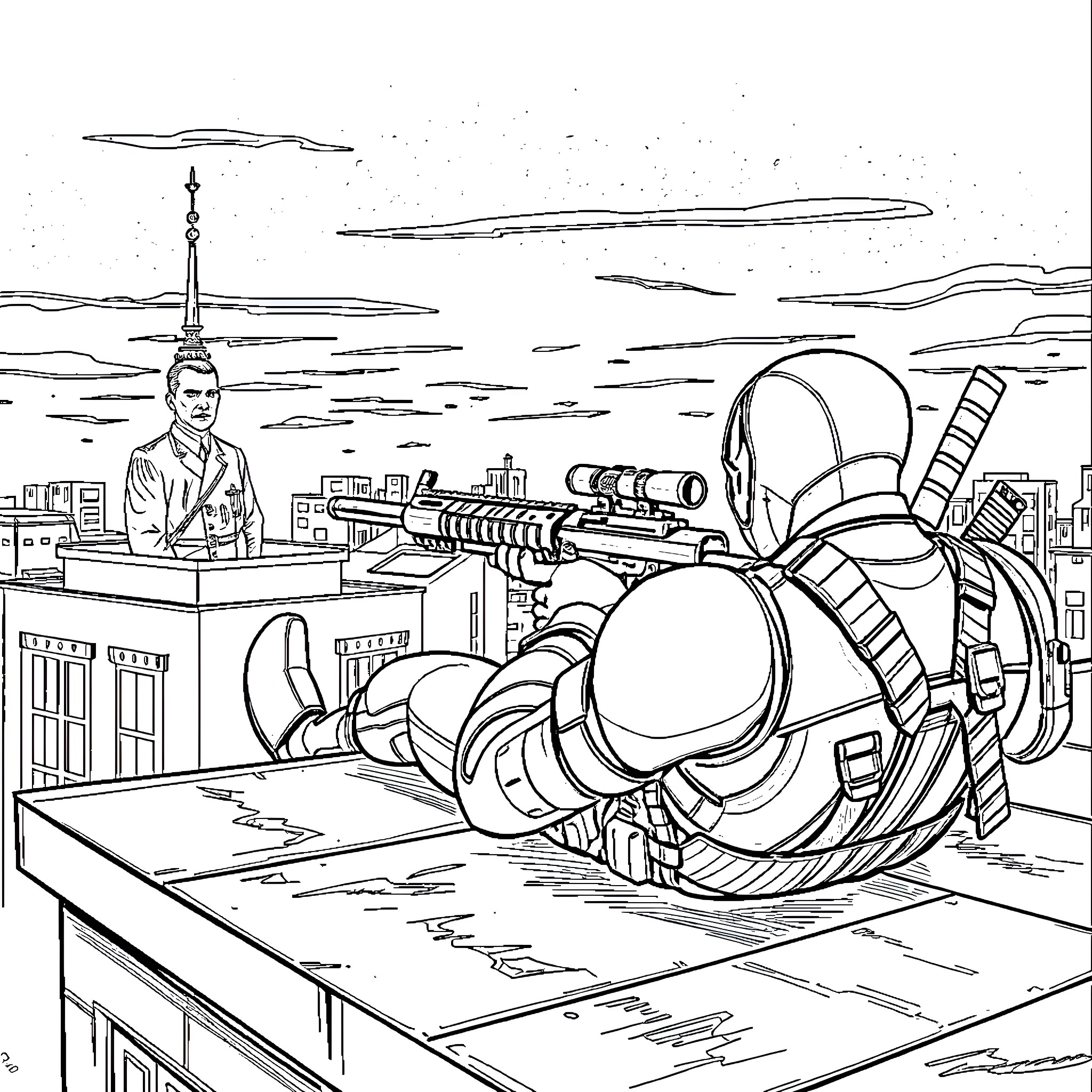 Deadpool in action-packed urban scene Coloring Page (free black-and-white line drawing printable PDF for all, from beginners to advanced learners, including children, teens, adults, and seniors)