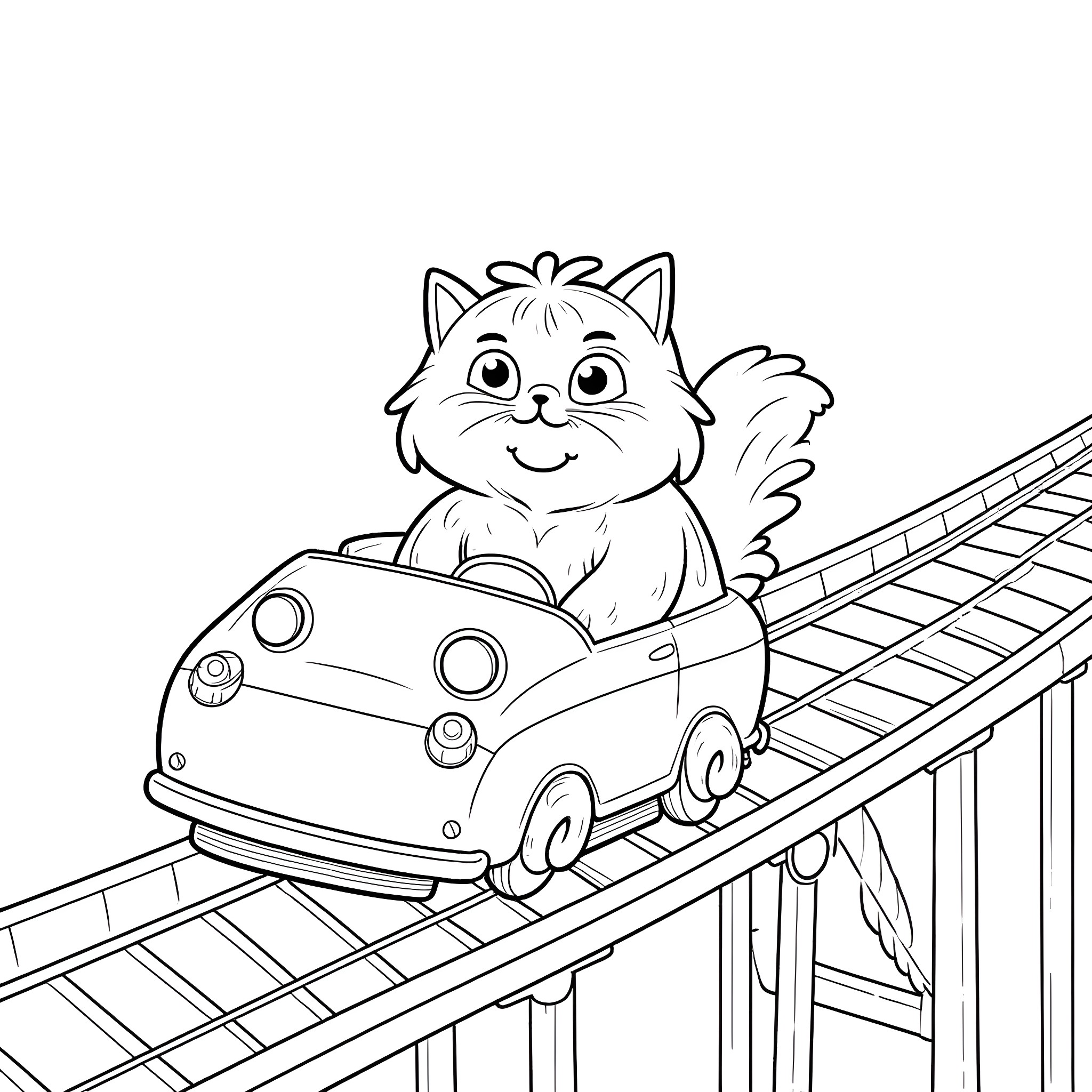Himalayan Cat driving a toy car on a ramp Coloring Page (free black-and-white line drawing printable PDF for all, from beginners to advanced learners, including children, teens, adults, and seniors)