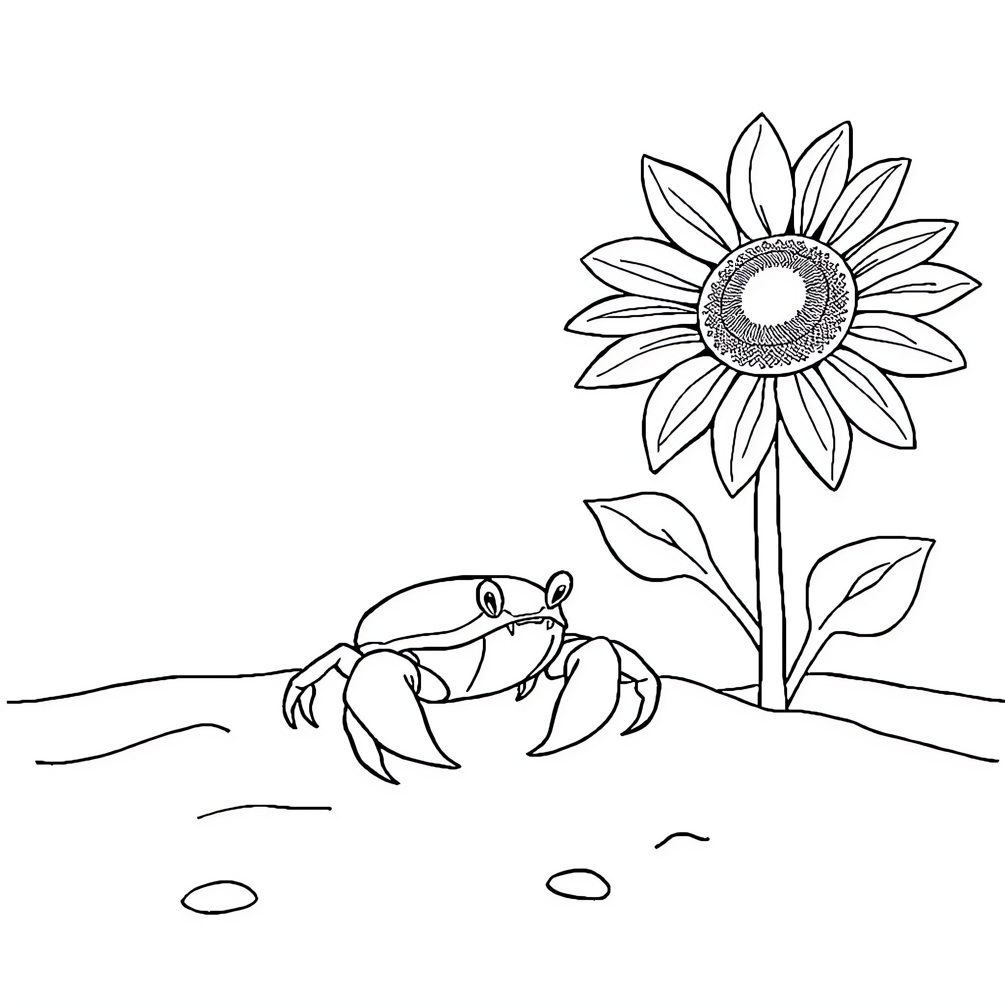 Crab exploring near a sunflower Coloring Page (free black-and-white line drawing printable PDF for all, from beginners to advanced learners, including children, teens, adults, and seniors)