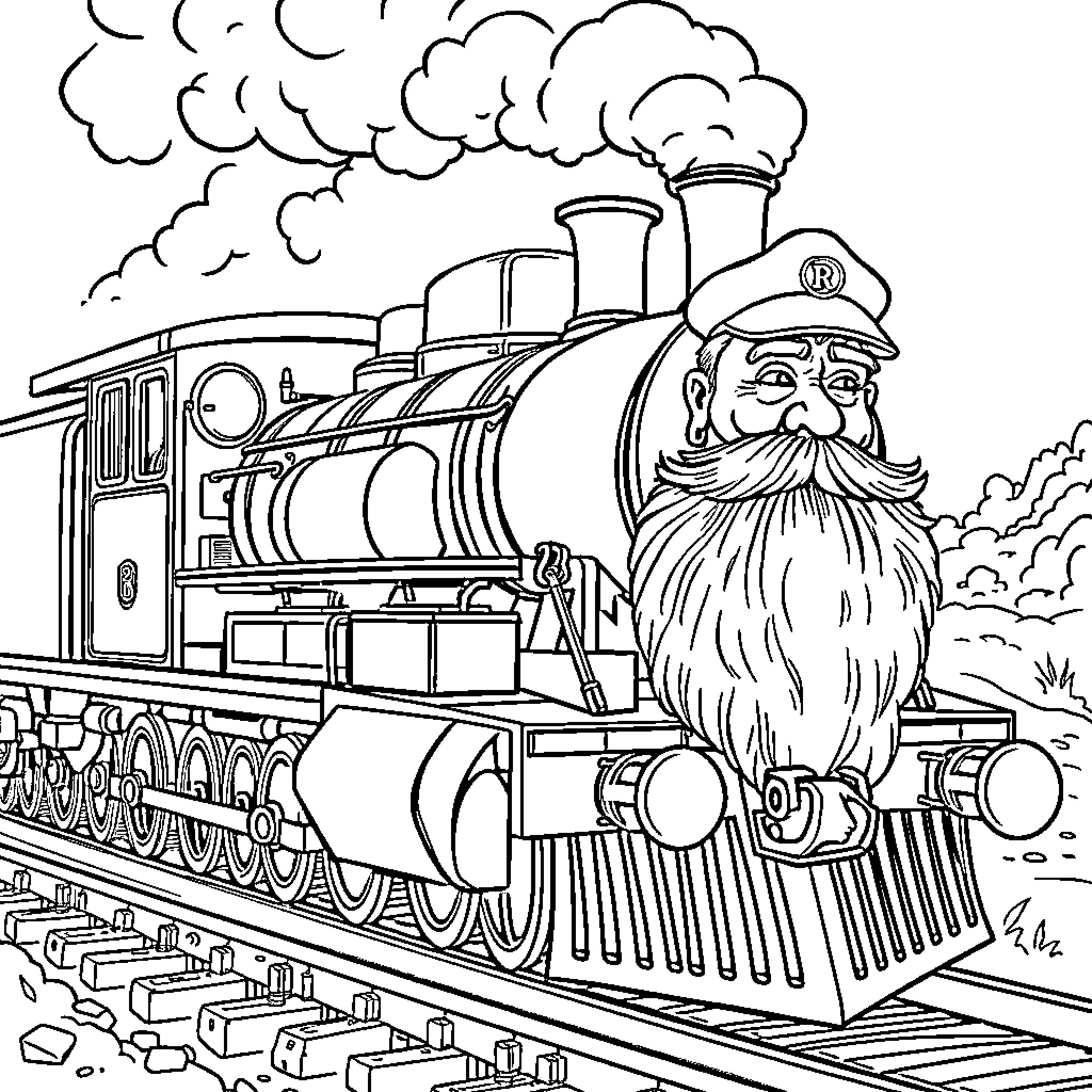 Train with Bearded Engineer Traveling Across Countryside Coloring Page (free black-and-white line drawing printable PDF for all, from beginners to advanced learners, including children, teens, adults, and seniors)