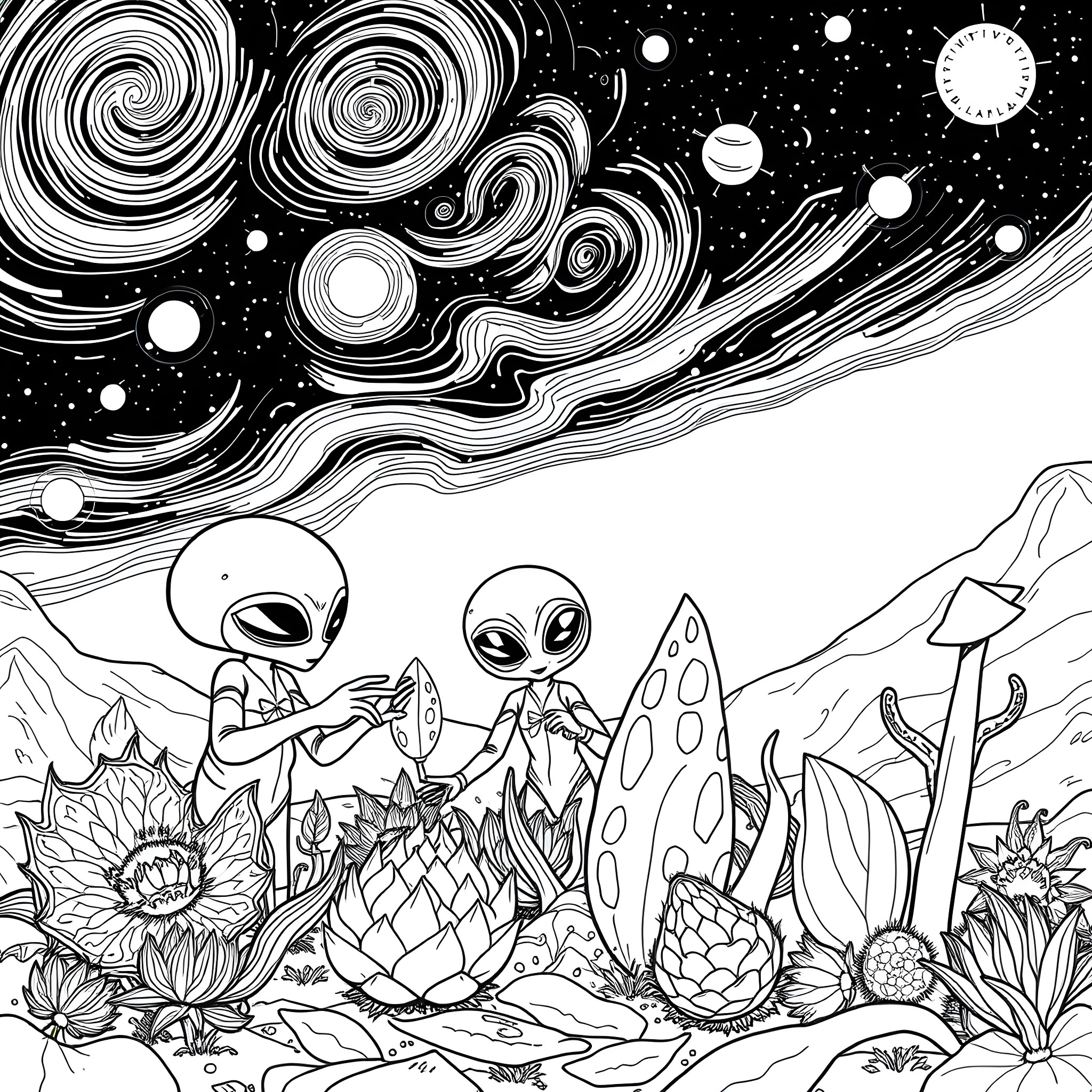 Extraterrestrial Encounter in Surreal Landscape Coloring Page (free black-and-white line drawing printable PDF for all, from beginners to advanced learners, including children, teens, adults, and seniors)