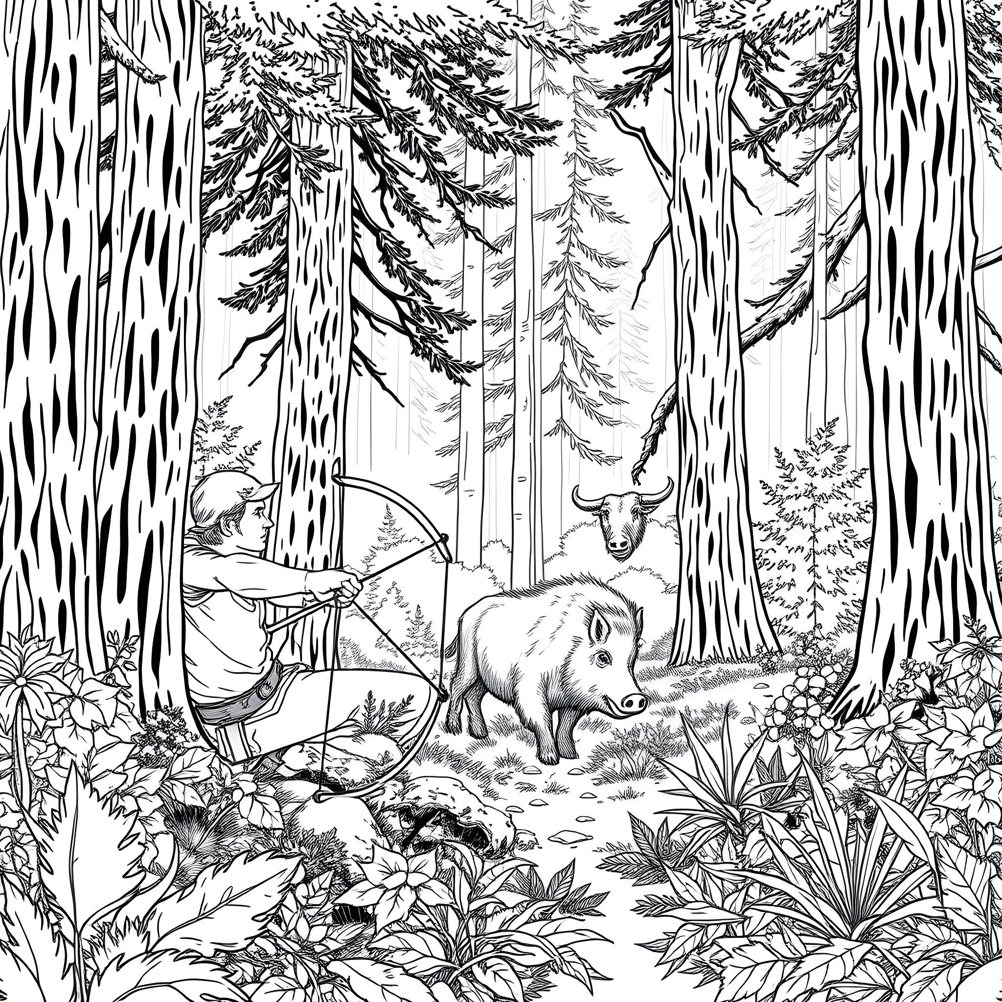 Phil Hronek enjoying the peaceful forest with wildlife Coloring Page (free black-and-white line drawing printable PDF for all, from beginners to advanced learners, including children, teens, adults, and seniors)