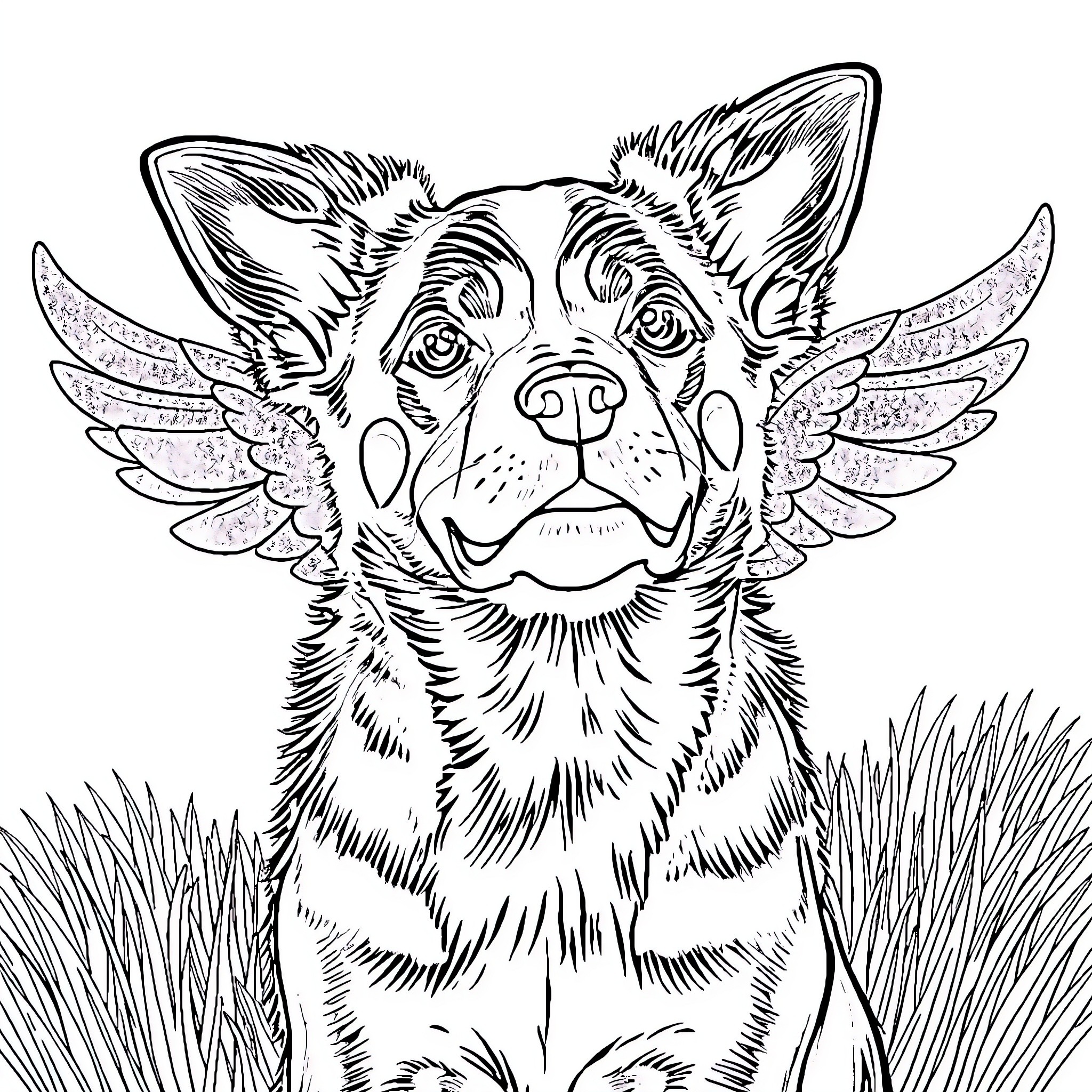Dog with angelic wings in a grassy field Coloring Page (free black-and-white line drawing printable PDF for all, from beginners to advanced learners, including children, teens, adults, and seniors)