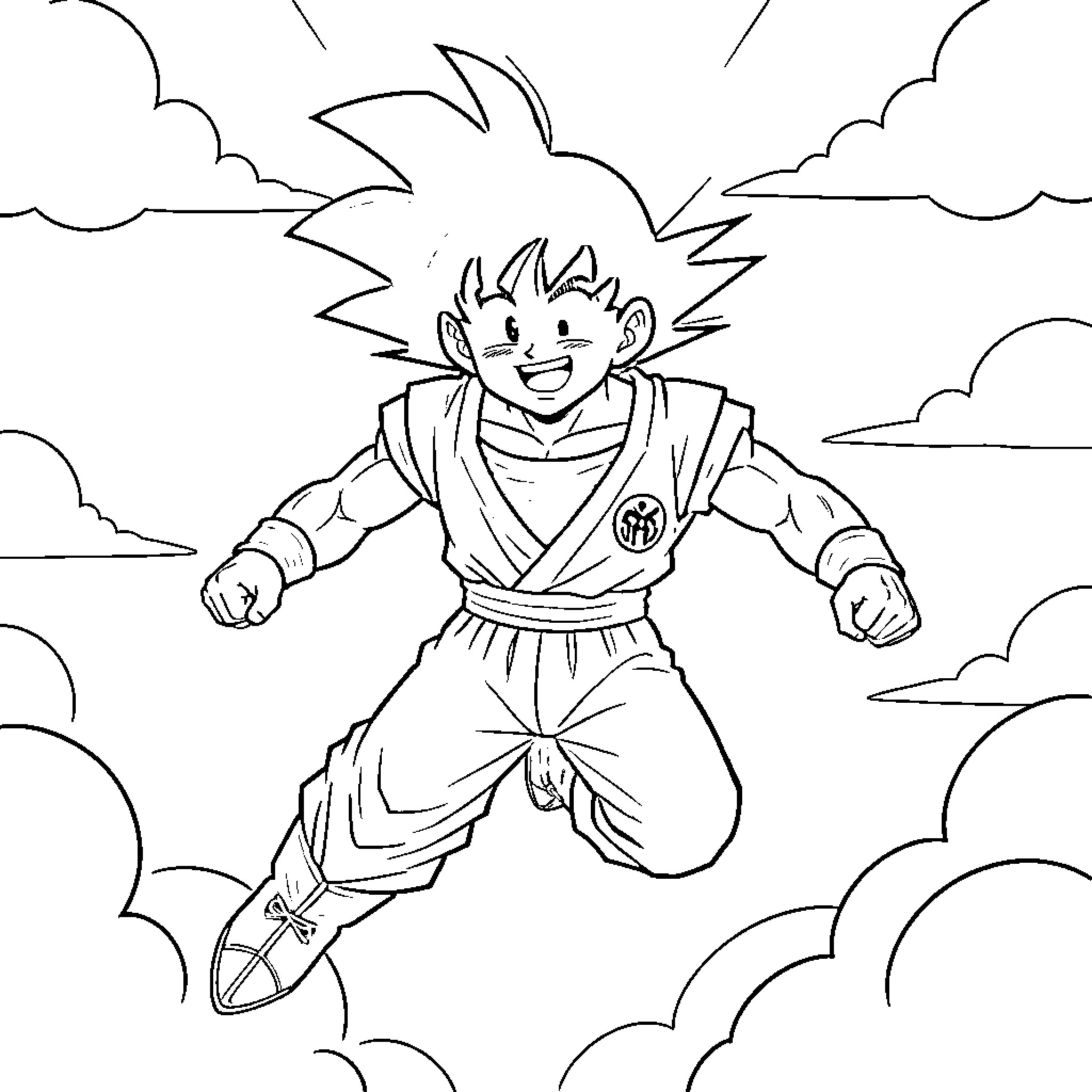 Goku flying with determination in the sky Coloring Page (free black-and-white line drawing printable PDF for all, from beginners to advanced learners, including children, teens, adults, and seniors)