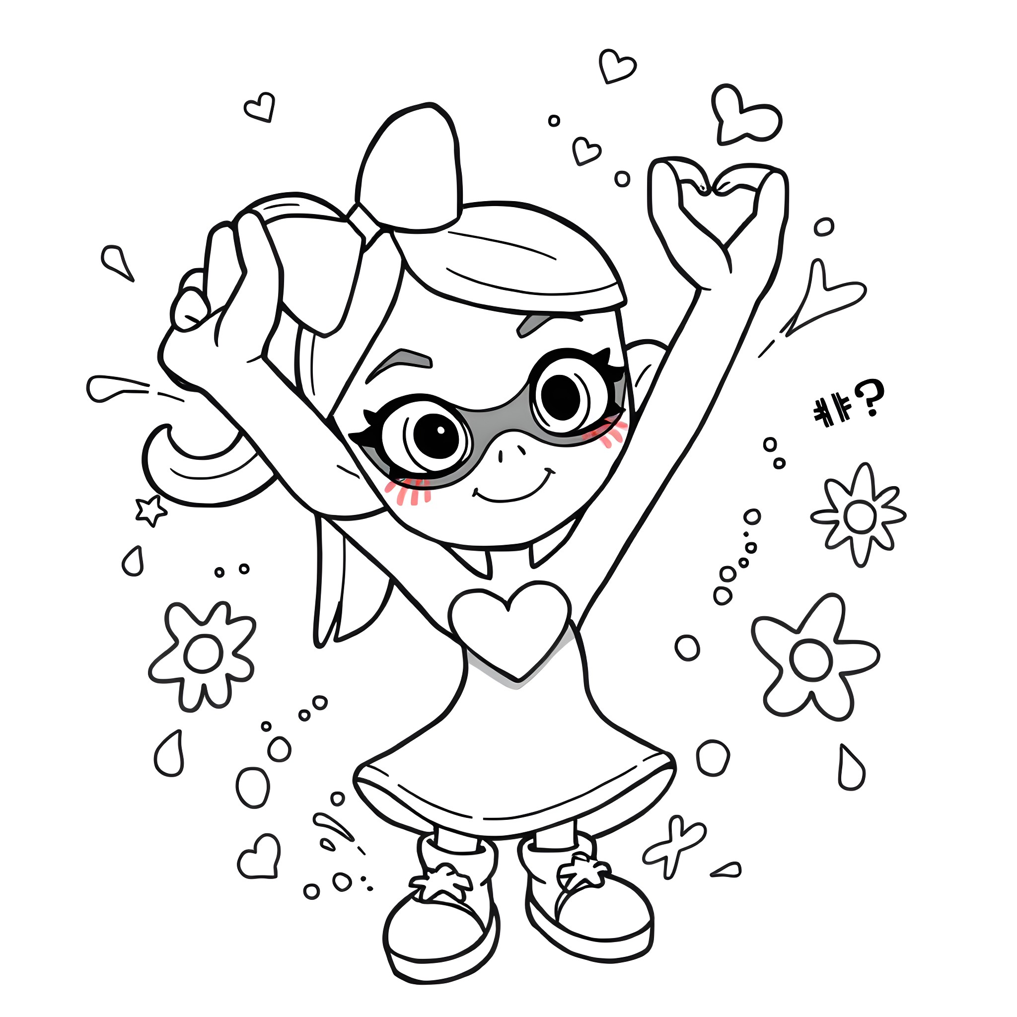 Callie's Joyful Celebration with Hearts and Flowers Coloring Page (free black-and-white line drawing printable PDF for all, from beginners to advanced learners, including children, teens, adults, and seniors)